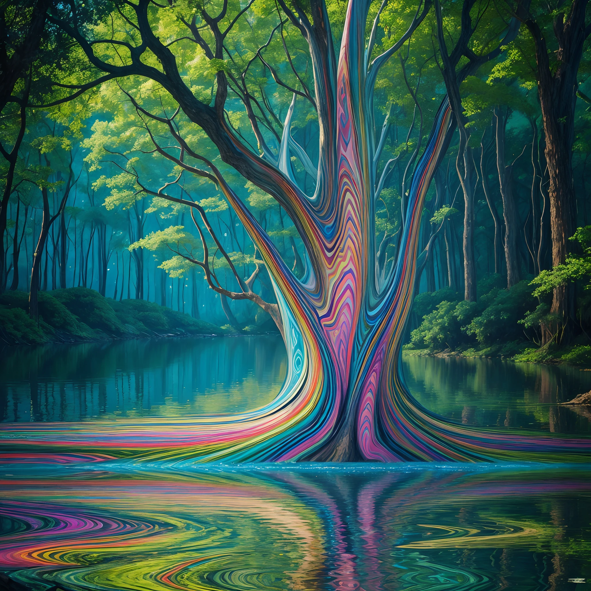 a painting of a tree in the middle of a body of water, uma pintura digital de Alex Grey, Vencedor do concurso da Shutterstock, psychedelic artwork, Psychedelic, Fractalismo, mistic