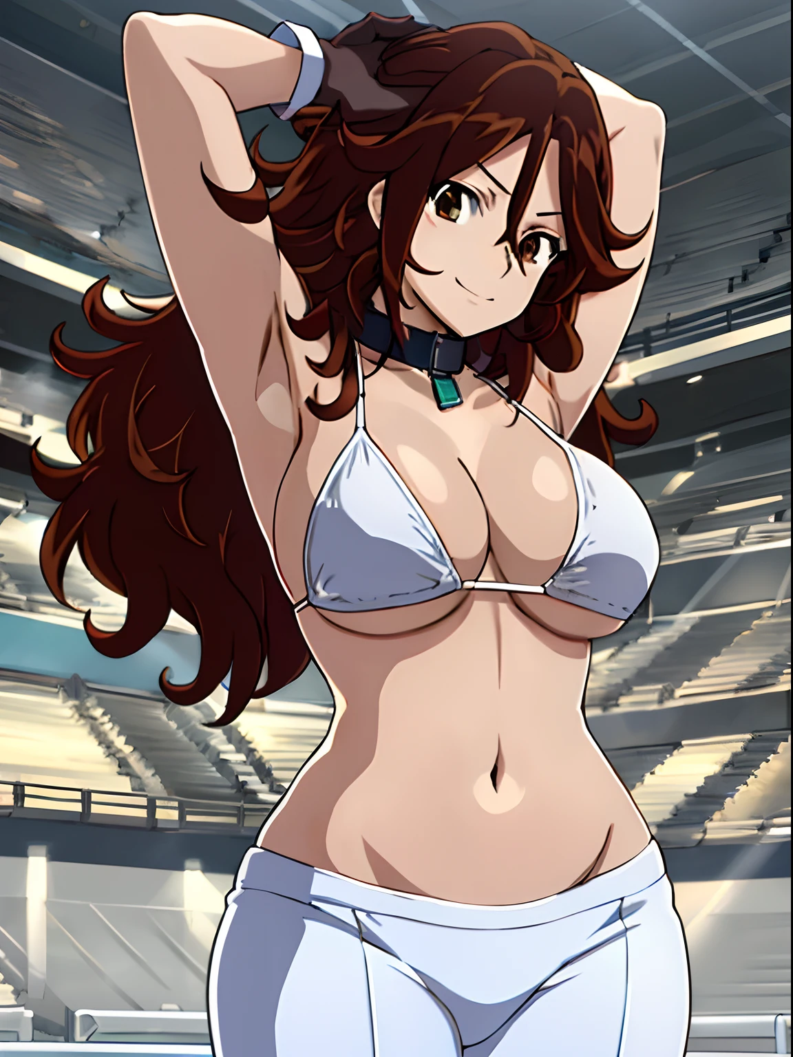 cowboy shot, upper body view, anime style: 1.8, anime drawing, ultra detailed face, ultra detailed body, 8k, Sumergai Lee Noriega, (standing), best quality, anime style, hires, highest definition, digital blending, bold drawing lines, (Location: wrestling arena, crowd watching), ((slender body, ), (weak body, slender body, broad shoulders, flexing), ((white micro bikini top, long pants,white gloves, collar)), , smile, , (big breasts), (big eyes, brown eyes), (warming up), (brown hair, loose hair, curly hair,  long hair,), ,