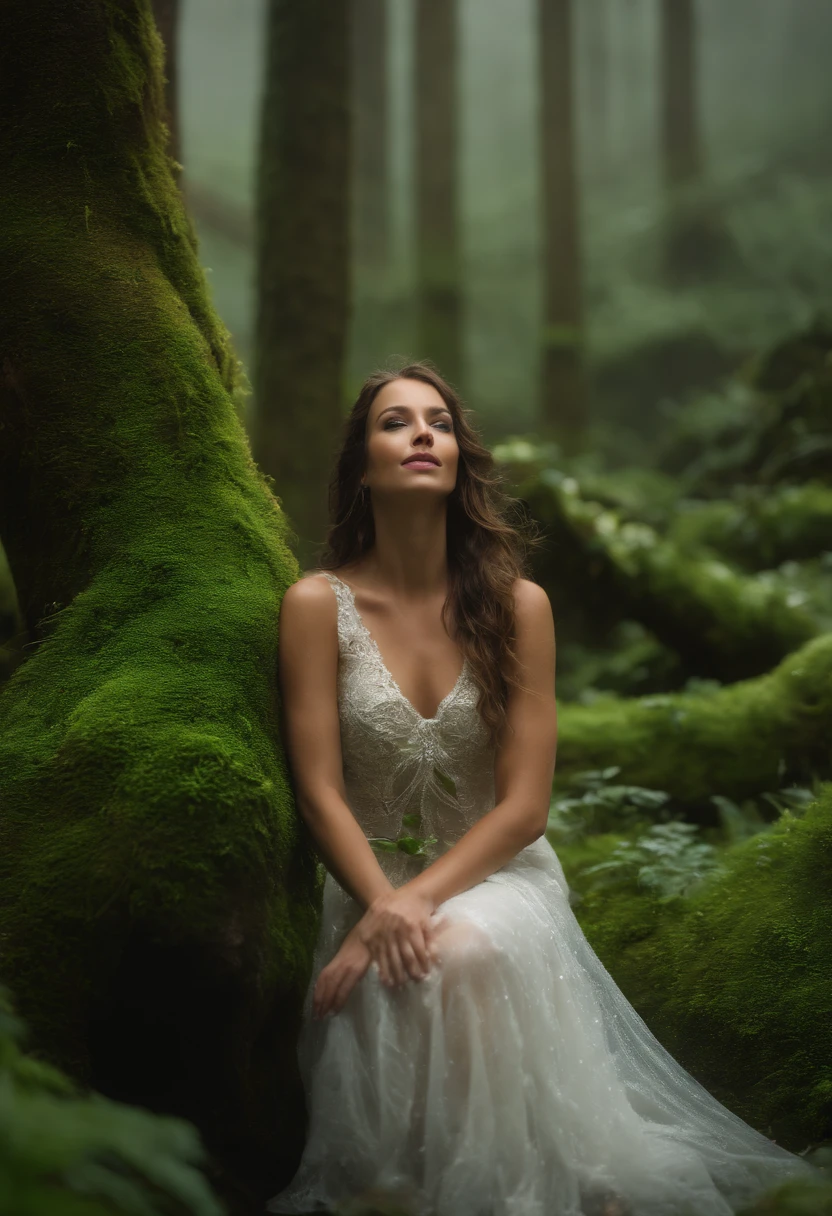 (higher resolution, diferente_imagem) a melhor qualidade, uma mulher, Musa Grega com cabelos encaracolados voando ao vendo , no meio de uma floresta temperada pluvial muito verde, green carpet spread across the floor and the green moss that covers the trunk of trees, com o ceu nublado e uma garoa fina, vestida de branco transparente, wet by rain dancing with flowers