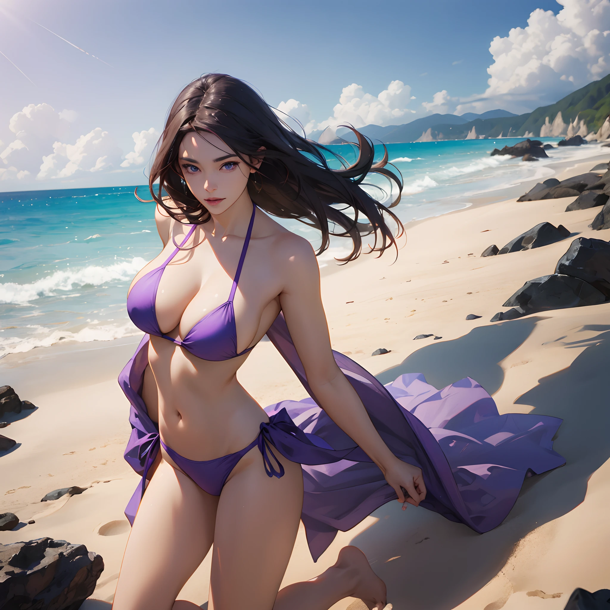 There is one girl with big tits, she is on the beach, in a purple bikini, realistic anime girl,a MILF,super realistic, high quality render, sharp image,4K