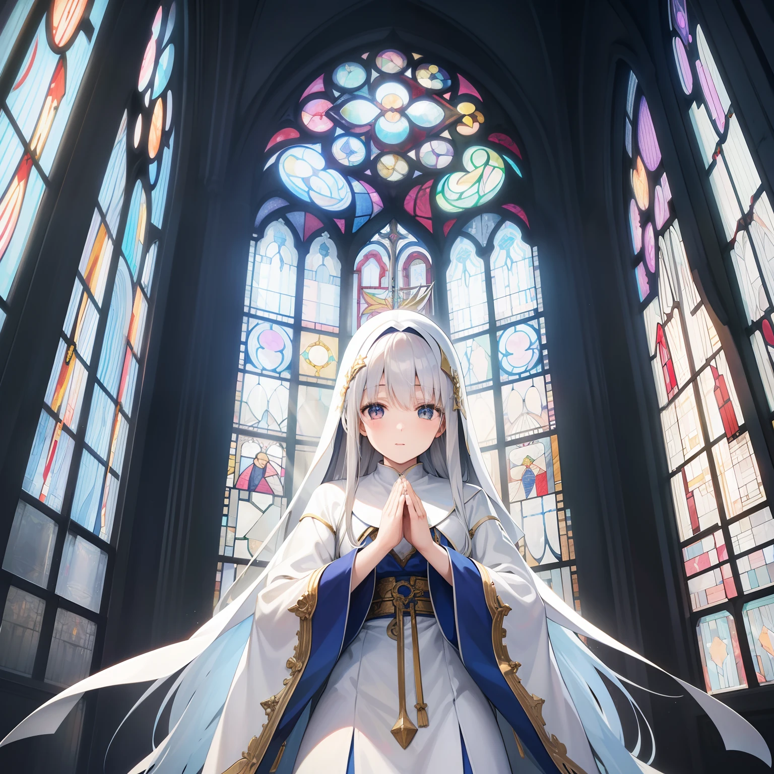 Put your hands together in front of the stained glass、Praying Girl、white longhair、Dull hair、Lower your eyes、White holy cloth、Light shines through stained glass.sideways Facing