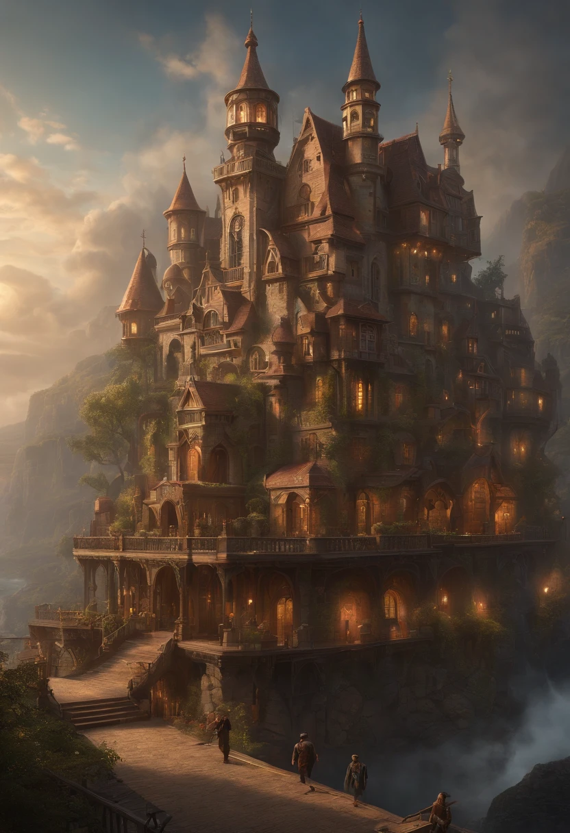 arte de fantasia, tiro ultrawide, Pintura, circunstanciado , deviantart, vencedor do concurso, arte conceitual, , Tim Hildebrandt, fantasia, ((((Cidade Steampunk)))) , , night time , , fantastical realism, art-station ,, estilo de Adrianus Eversen ,non-aesthetic architecture, filme ainda,Greg Rutkowski, Create a scenario reminiscent of the initial movie, where reality becomes a labyrinth of changing architecture and gravity-defying landscapes. Abrace a natureza surreal e alucinante do conceito, Creating a scene that defies perception. Use intricate detail and dynamic design to immerse the viewer in a world where the laws of physics are rewritten. Portray the sense of astonishment and disorientation that the initial film evoked.