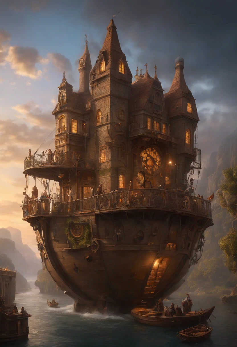 arte de fantasia, tiro ultrawide, Pintura, circunstanciado , deviantart, vencedor do concurso, arte conceitual, , Tim Hildebrandt, fantasia, ((((Cidade Steampunk)))) , , night time , , fantastical realism, art-station ,, estilo de Adrianus Eversen ,non-aesthetic architecture, filme ainda,Greg Rutkowski, Create a scenario reminiscent of the initial movie, where reality becomes a labyrinth of changing architecture and gravity-defying landscapes. Abrace a natureza surreal e alucinante do conceito, Creating a scene that defies perception. Use intricate detail and dynamic design to immerse the viewer in a world where the laws of physics are rewritten. Portray the sense of astonishment and disorientation that the initial film evoked.