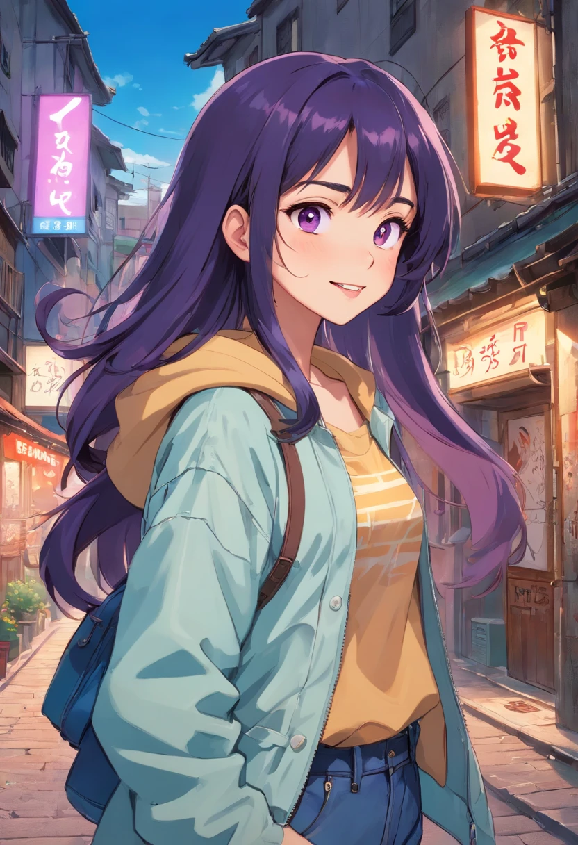 Original Character, Volumetric lighting, Best Shadows, Shallow depth of field, Portrait Of Stunningly Beautiful Girl, Petite, Delicate beautiful attractive face with seductive purple eyes, Messy Painted Face, huge smile, Open mouth, Nice middle chest, Layered long straight black hair, Blush Eyeshadow, Oversized Pop Jacket, Jeans pants, with buckle belt, In The Graffiti Alley, Outdoor Unit, Standing, (Highest Quality, Amazing details:1.25), (Solo:1.3), Brilliant Colorful Paintings