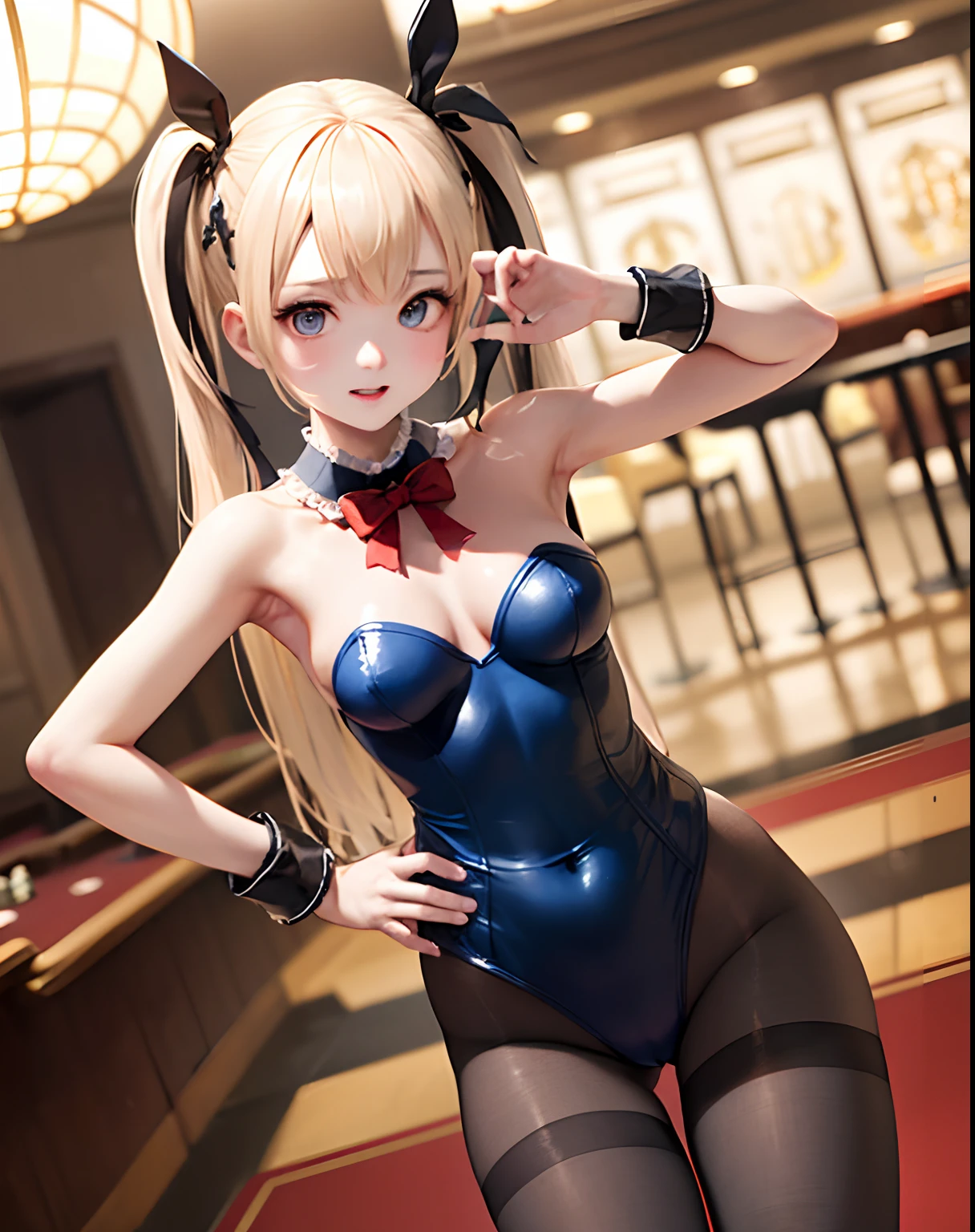 masterpiece、hiquality、1girl in、独奏、Marie Rose、cowboy shot、embarassed expression、(Outside the casino)、((bunnygirl))、((Leotard))、((pantyhose))、Put one hand on your hip、(White cuffs)、natta、(Bare chest from the neck)