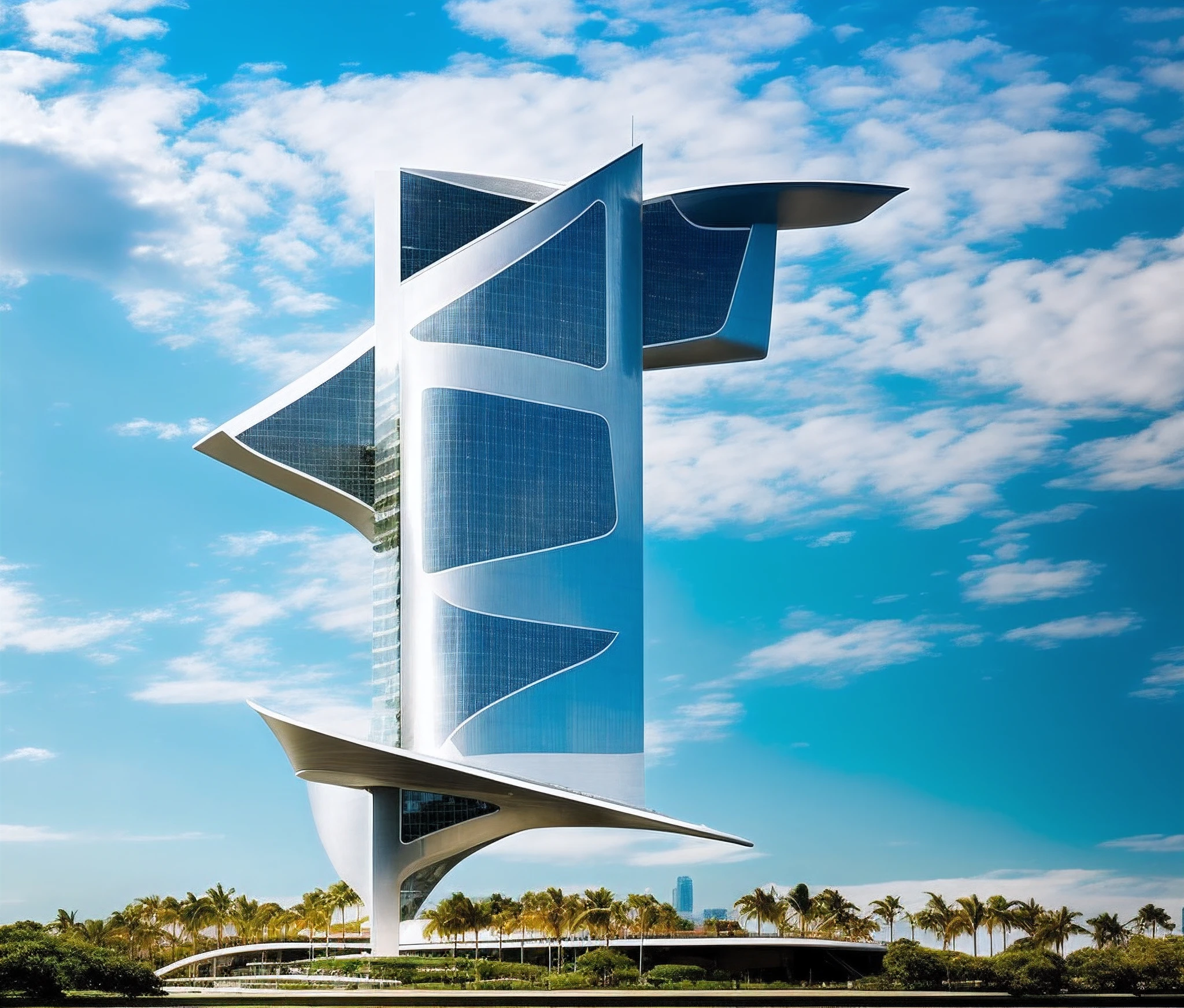 A futuristic modern shaped building, A very tall building super modern, Futuristic Oscar Niemeyer style building, The building is a skyscraper, em estilo de Basquiat, Paisagem urbana moderna, Townscape, Futuristic modern construction