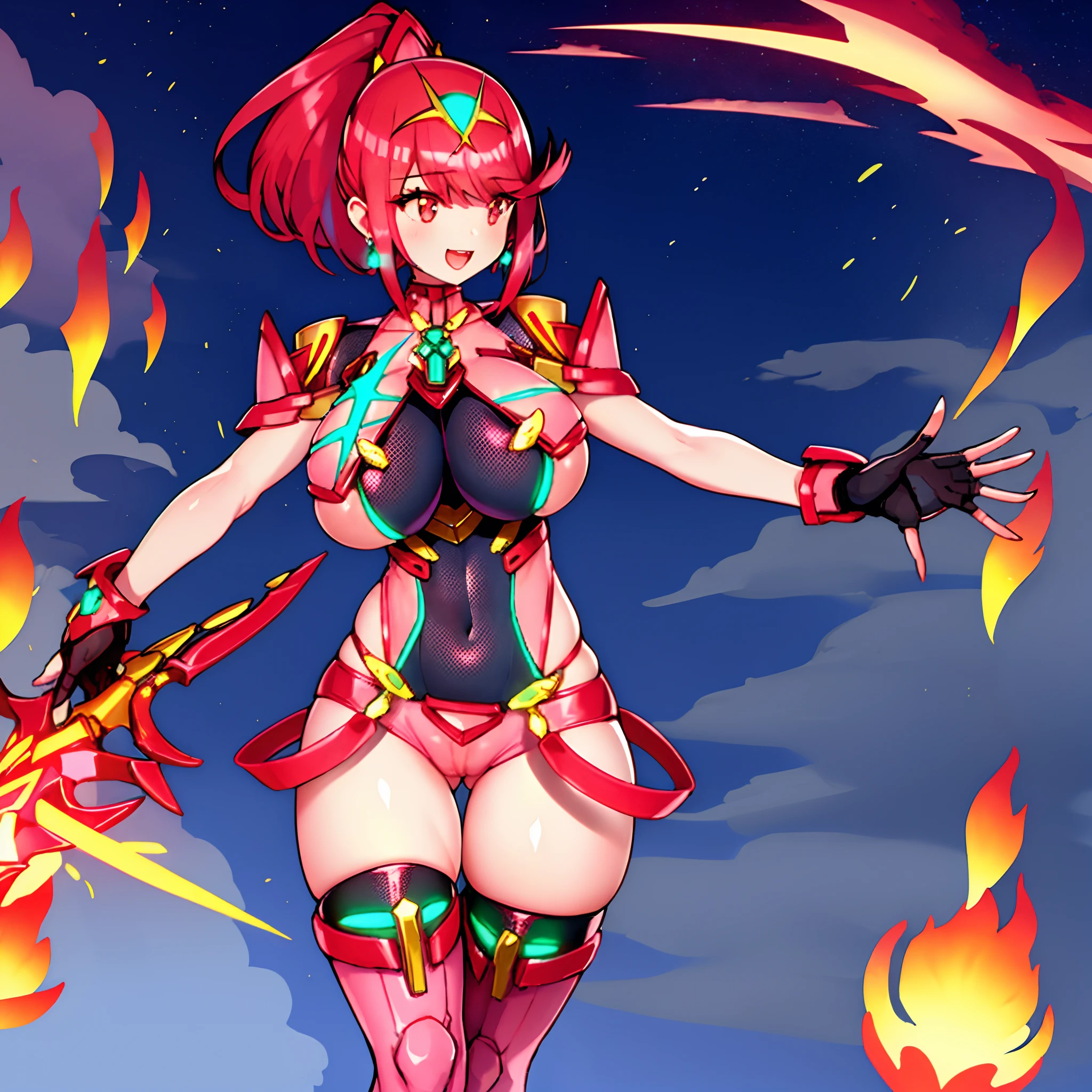 pyra \(xenoblade\), _1girl, lolings, black gloves, breasts, red eyes, shout, earrings, eyelashes, fingerless gloves, floating hair, , gem, gloves, hair ornament, headpiece, jewelry, gigantic_breasts, leaning back, swimsuit, neon trim, official art, pose, red hair, saitou masatsugu, short hair, sidelocks, skin tight, solo, swept bangs, thighhighs, tiara, fantasy_town_background, underbust, xenoblade chronicles \(series\), (xenoblade chronicles 2), (spread_legs:1.1), fire_effect,dynamic_pose,fighting,light_smile, (plump:1.1), big_ass,huge_sword, hold_large_sword_hilt, covered_nipples, covered_pussy, fists,ponytail,beautiful_fingers,(solo:1.1), bare_shoulder,(shoulder_naked:1.2), nipple_jewel,back, back_view, focus_ass,ass, very_short＿shorts