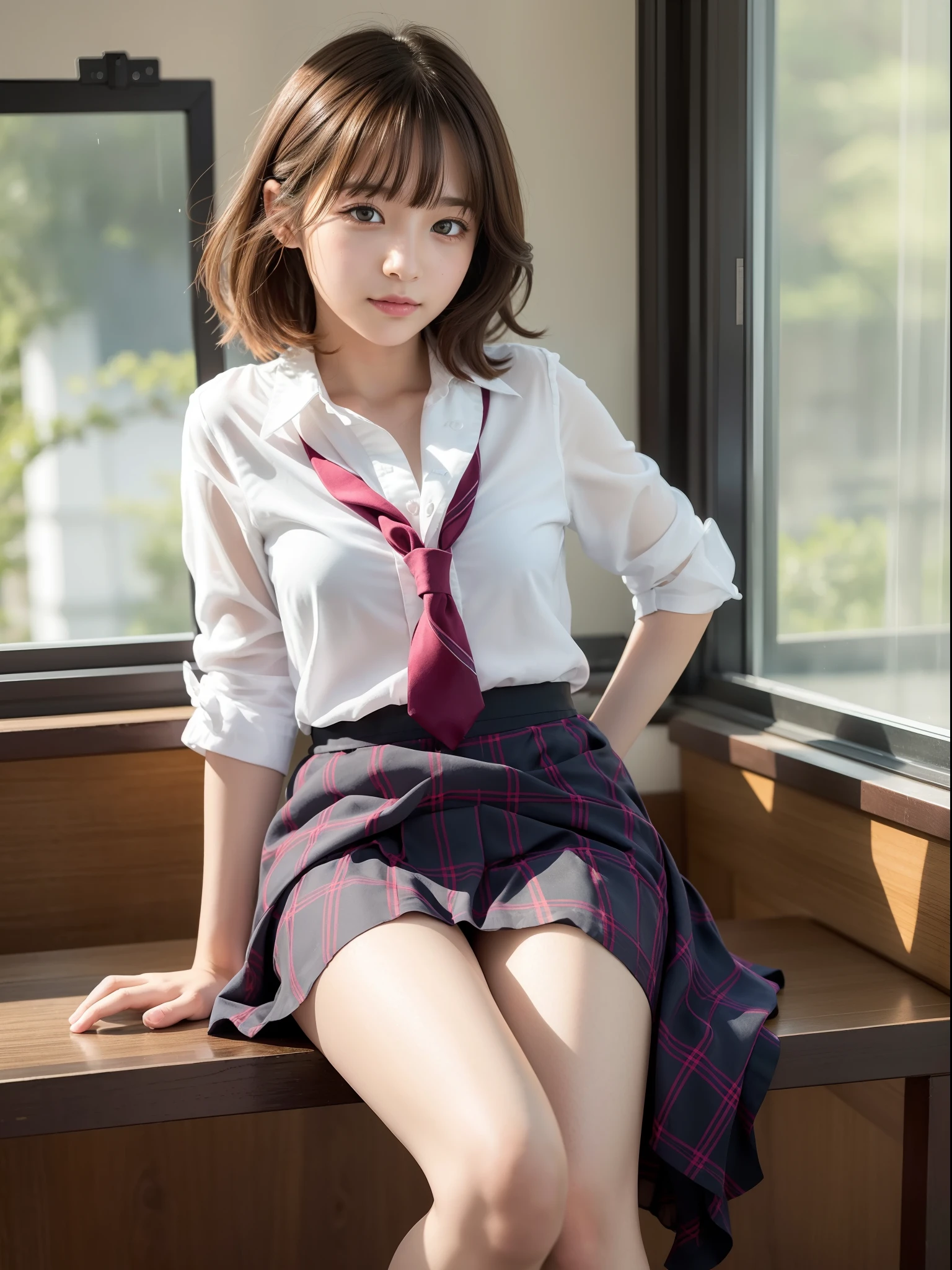 ((of the highest quality, 8K, masutepiece: 1.3, Raw photo)), Sharp Focus: 1.2, (1 AESPA Girl :1.1), Solo, (Realistic, Photorealistic: 1.37), (Face Focus: 1.1), Cute face, hyperdetailed face, brunette short messy hair, Small Smile, nude, (taking off school uniform like chiffon dress, Roll up the skirt: 1.3), check skirt, thigh, Sitting with one knee up, classroom, flower, lily