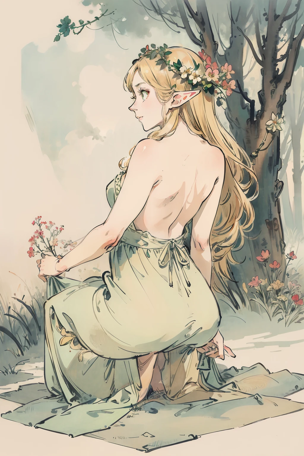 SFW,masutepiece, Best Quality, High resolution, 1girl in, Full body, Details Girl, detail hands, Detail fingers, Detail Face, detail legs, 1girl in, elf, Looking down, Flower Garden, Black sky, smog, watercolor paiting, pale skin, Petite, Blonde hair, Long hair, Wavy Hair, saddened, mournful smile, Green eyes, tareme, medium breasts, white sundress, Bare back, Kneeling, Planting trees