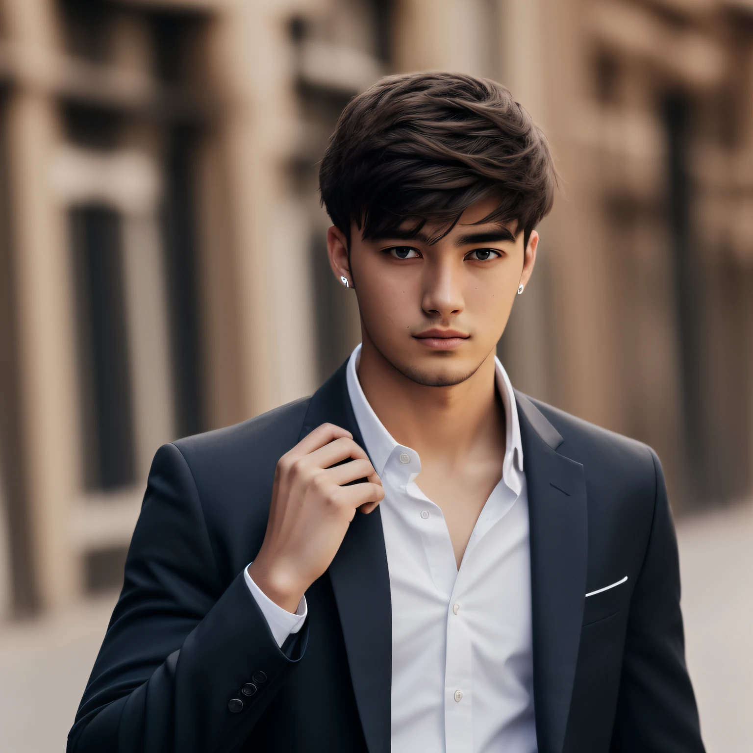 20-year-old boy,One guy,backstreet,Black Suit,White skin,From hair to eyes,hair messy,sad,looking at viewert