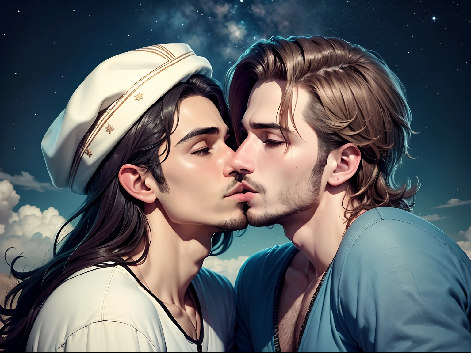 Dois homens se beijando entre nuvens