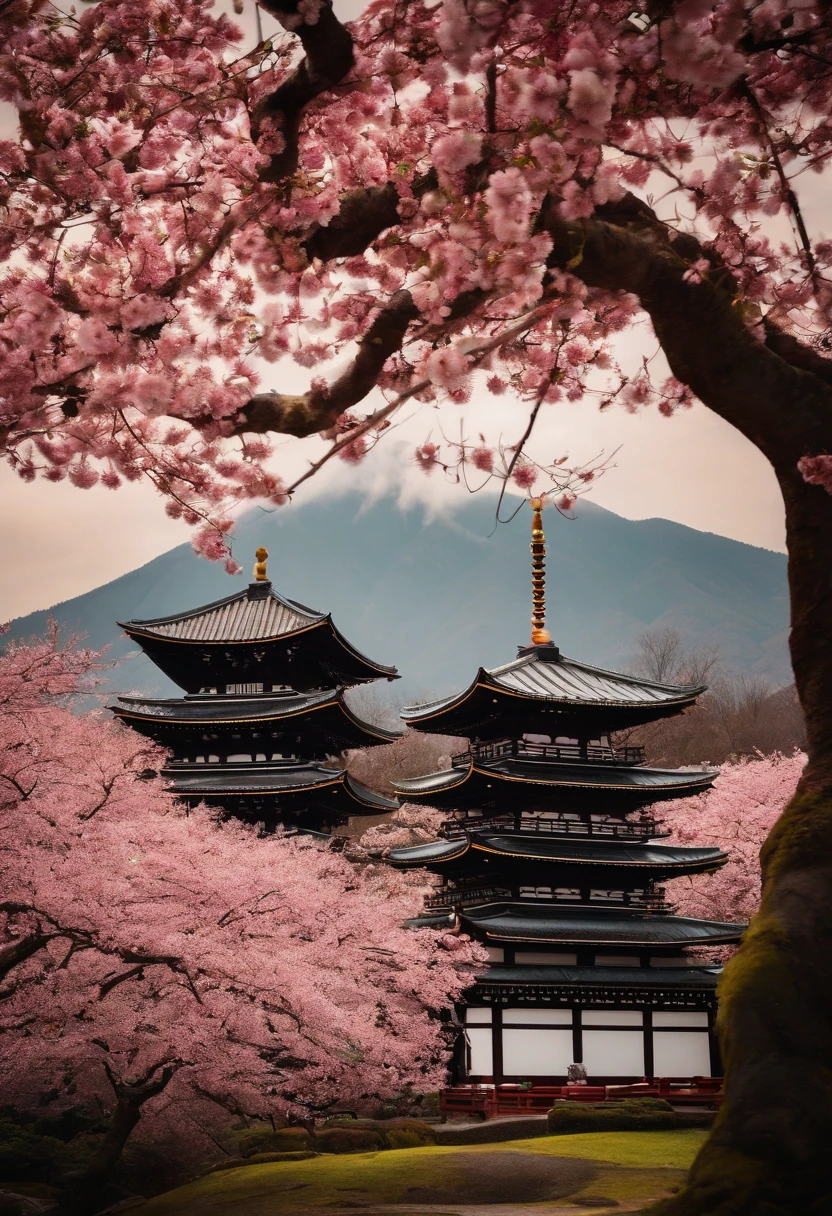 Japanese temple surrounded by cherry trees