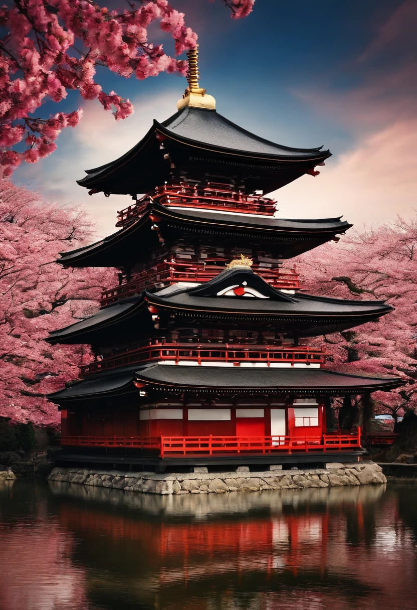 Japanese temple surrounded by cherry trees