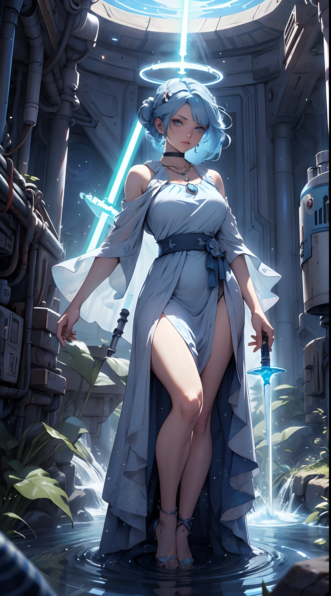 Jedi, lightsaber, tight robes, legs, alien, curvy, serious, blue lightsaber, (best quality)+, masterpiece+Blue hair length to the middle of the back, with a necklace and a blue and white dress, a halo of water above the head, scales visible on the body and face.