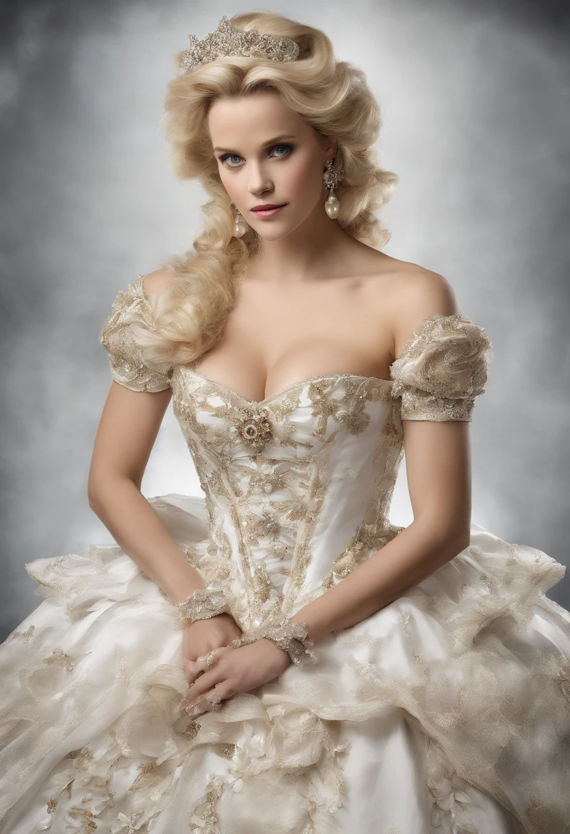 A stunningly beautiful blonde fairytale Princess Reese Witherspoon shining with Royal Pomp and Regal Splendor, wearing a Stately and (((Elaborate))) Royal Cinderella Ballgown of Silver and White Brocade, with (((enormous puffed sleeves))) a stiffly boned, padded and corseted bodice, an hourglass waist, a (((huge crinoline hoopskirt))) and (((bustle))), adorned with ribbons, bows, roses, lace, ruffles, frills, embroidery, and jewels, elaborately curled and styled hair, long white gloves, pearl and diamond necklace and earrings