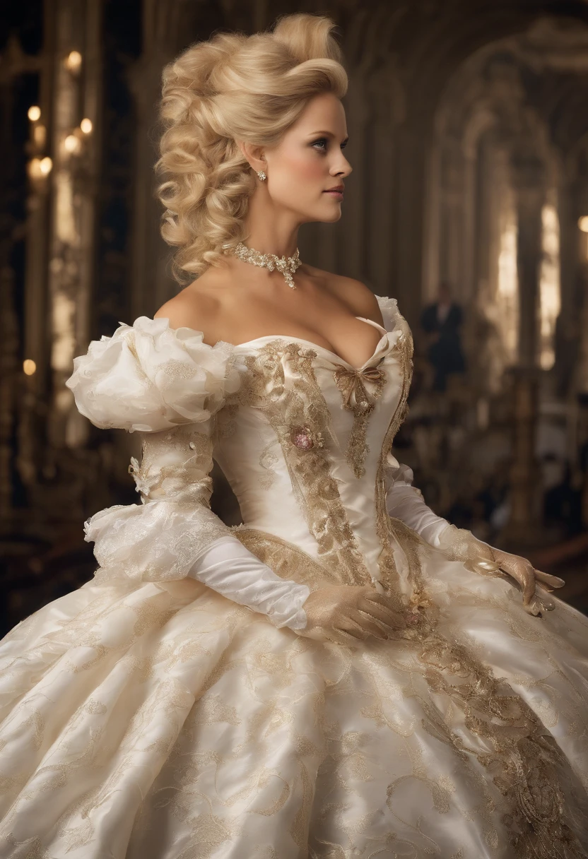 A stunningly beautiful blonde fairytale Princess Reese Witherspoon shining with Royal Pomp and Regal Splendor, wearing a Stately and (((Elaborate))) Royal Cinderella Ballgown of Silver and White Brocade, with (((enormous puffed sleeves))) a stiffly boned, padded and corseted bodice, an hourglass waist, a (((huge crinoline hoopskirt))) and (((bustle))), adorned with ribbons, bows, roses, lace, ruffles, frills, embroidery, and jewels, elaborately curled and styled hair, long white gloves, pearl and diamond necklace and earrings