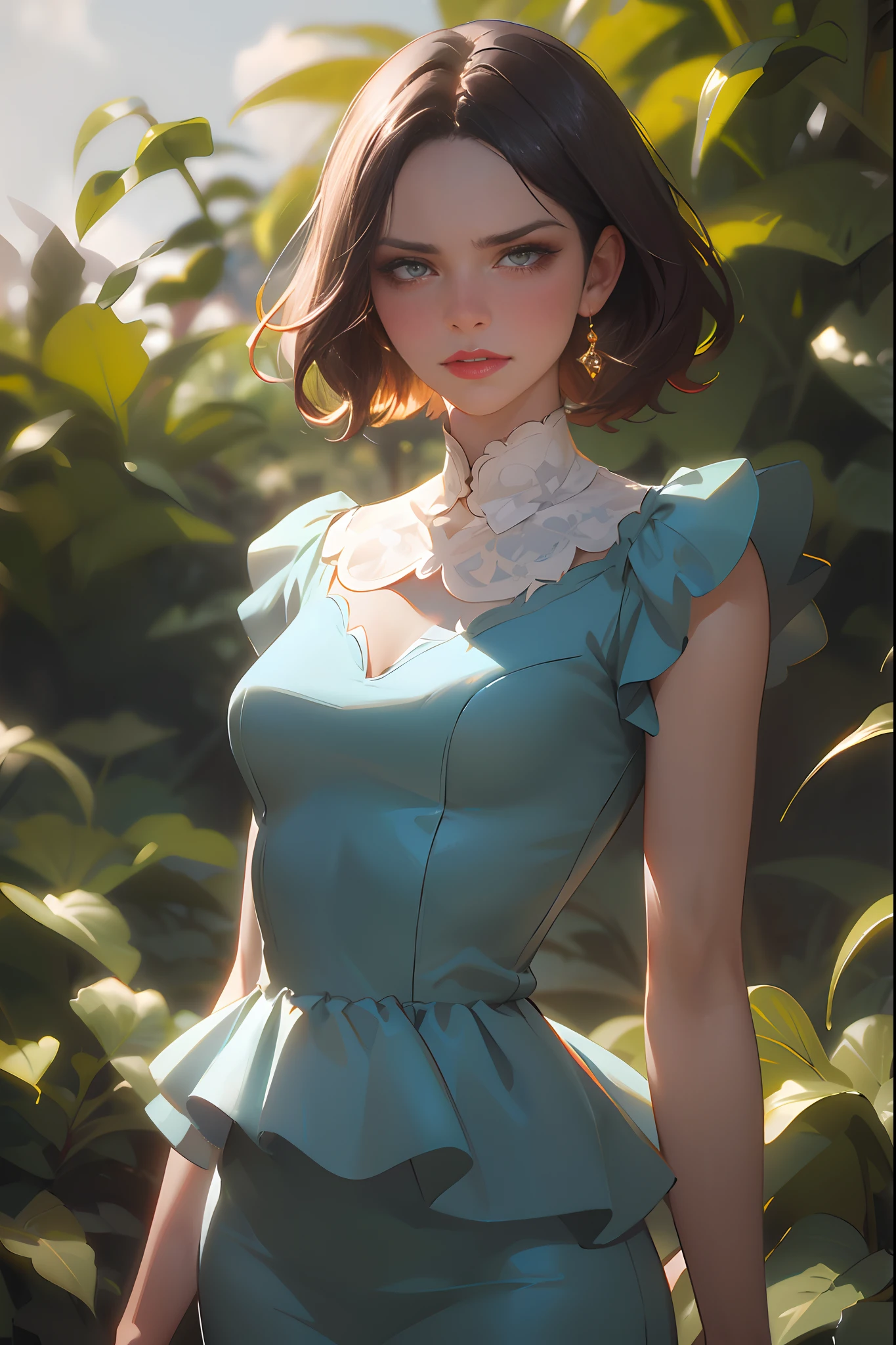 lndswgnr, (Sharp focus: 1.5), (sharp focus:1.2), photo, attractive young woman, (beautiful face:1.1), detailed eyes, luscious lips, (bold red lip colour:0.85), (medium breasts:1.0), (slim body:1.2), wearing (1980s peplum dress:1.2) in a (botanical garden:1.2). (moody lighting:1.2), depth of field, bokeh, 4K, HDR. by (James C. Christensen:1.2|Jeremy Lipking:1.1).