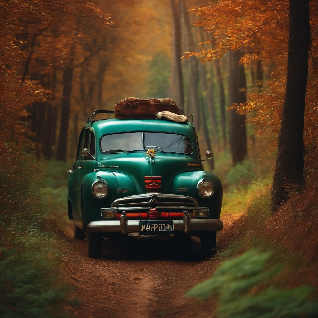 man travelling acar in forest