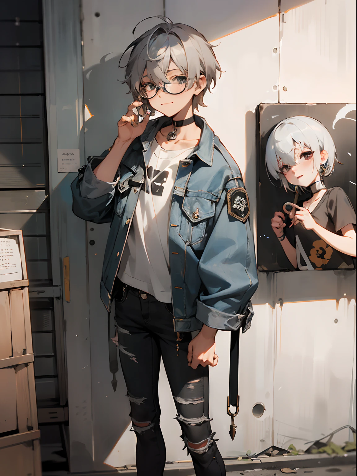 (Male child, eye glasses,A smile, silber hair),(((​masterpiece)))、(((top-quality)))、((ultra-definition))、(High Definition CG Illustration)、((extremely delicate and beautiful)),(​masterpiece:1.2、top-quality), 独奏, The upper part of the body, The hair:buzzcut, garments:Oversized distressed denim jacket with patches and pins、paired with black skinny jeans and combat boots、 accessory:Silver Hoop Earrings and Black Choker Necklace, Hang out at underground music venues and street art exhibitions