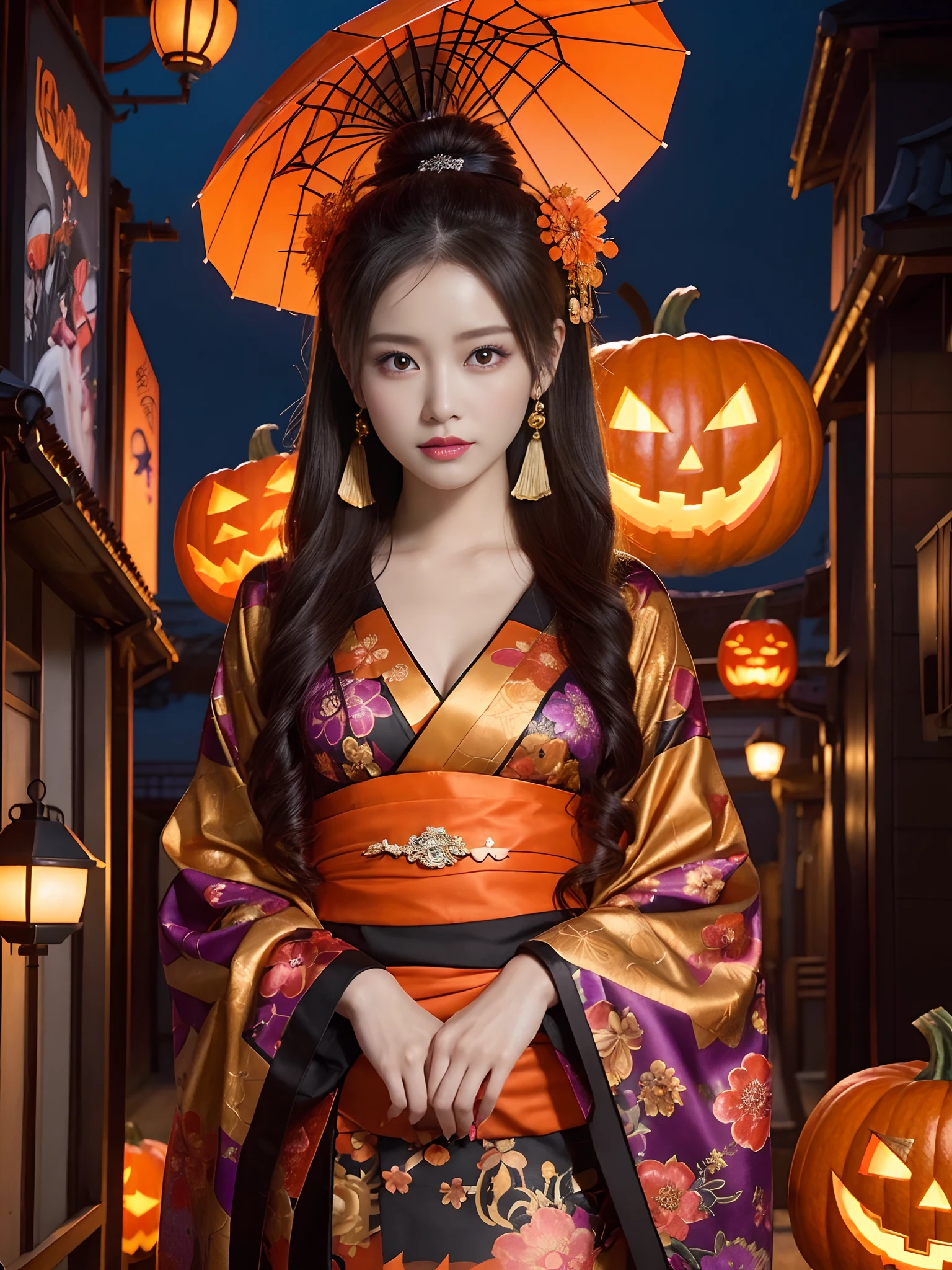 In a futuristic scene, Geisha in Japan with mechanical reinforcement、Elegant in elaborate gardens. She has beautifully detailed eyes and lips that complement her face. Geishas wear traditional kimonos with intricate patterns and designs. Night city and Halloween decorations around her. The scene is painted with a blend of illustration and photorealism, Ultra-detailed brush strokes and clarity, Vivid colors. Lighting emphasizes the elegant features of the geisha, Gives her porcelain skin a soft glow. Artwork is of the highest quality, 4K or 8K resolution, Showcase the intricate details of geisha attire, nightcity、Halloween. The overall color scheme is、It is a combination of traditional shades of Japan, Crimson, etc., blacks, and subtle gold accents, With a futuristic twist. The fusion of ancient traditions and modern technology is、Create captivating and visually striking masterpieces.Halloween、Halloween、pumpkins、Background Halloween