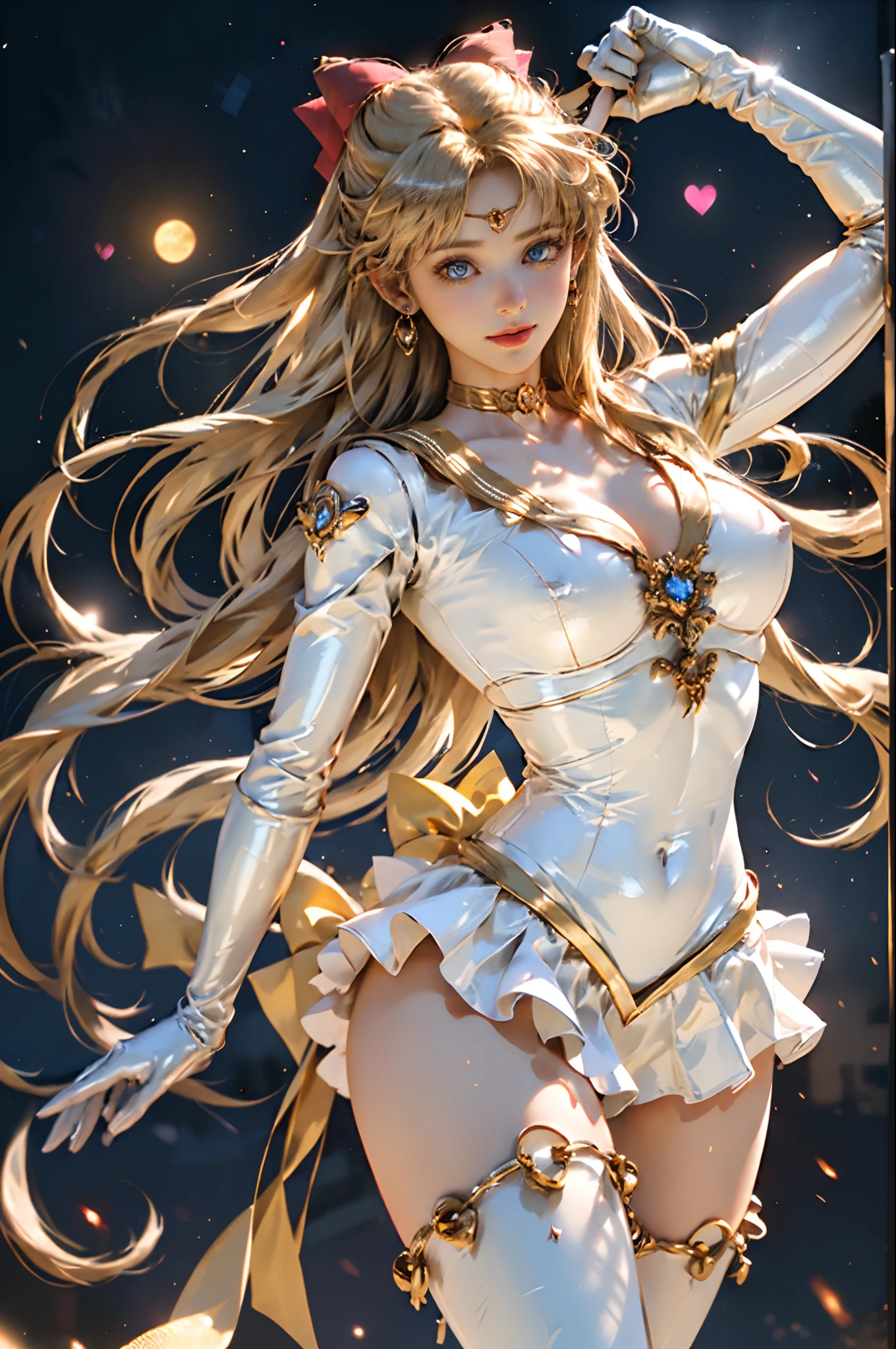 full: 1.3, to stand, masutepiece, 。.3D, Realistic, Ultra-micro photo, of the highest quality, ultra-detailed CG unity 8k Wallpaper, From below, Intricate details, (1 woman), 28 years old, (NSFW),(( Luxurious large golden tiara on forehead:1.6, very large dark blue bow in the center of the chest,,,,: 1.6,Shiny Bright Orange Sexy Pleated Ultra Mini Skirt: 1.3, dark orange gloves on the elbows,,,,:1.1, Dark orange color,Deep orange sailor color,,, very large red bow on the back of the head,,:1.3)),(SV1, Sailor Senshi Uniform, Orange skirt, elbow groves, tiarra, Orange sailor collar, Red bow, orangechoker, White Gloves, Jewelry),Bare upper arms,
, Pants are visible,Incredibly long straight very bright blonde: 1.2, Shiny beautiful straight long blonde hair: 1.2, sailorvenus, Minako Aino,(Sailor Senshi uniform revealed, Bare upper arms: 1.5, Luxurious gold decoration: 1.2, Long white latex gloves with luxurious gold decoration: 1.3, very large yellow bow behind the waist,,,: 1.1, orangechoker, Cleavage looks sexily boldly big, Orange heart-shaped earrings)), Dynamic Golden Chain, 
((Seductive smile, Very pretty face, Face Details: 1.5, Very bright blue eyes, Beautiful face, beautidful eyes, Outline of the iris,thin lips: 1.3, thin and sharp pale eyebrows, long dark eyelashes, Double eyelashes)), Luxurious golden jewelry for the whole body, (Very thin and fitting high gloss silver-white holographic leather: 1.3), White Silver Ultra High Leg Cut Swimsuit,((Fighting stance)), Huge white wings, thin and muscular muscles, Muscular abs, a small face, Huge breasts, Perfect proportions, thin waist, SEXY Model Pose, Visible Pore, Perfect hands: 1.5, Octane Rendering, Dynamic angles, highly dramatic picture, Strong natural light, Sunlight, exquisite lighting and shadow, DSLR Harp, Focus: 1.0, Maximum clarity and sharpness(Golden Divinity, Heartstorm Space Background, Golden Man: 1.2, Golden hair, Venus, Moonlight, Moon, dynamic background, Detail Background)),(mecha musume)