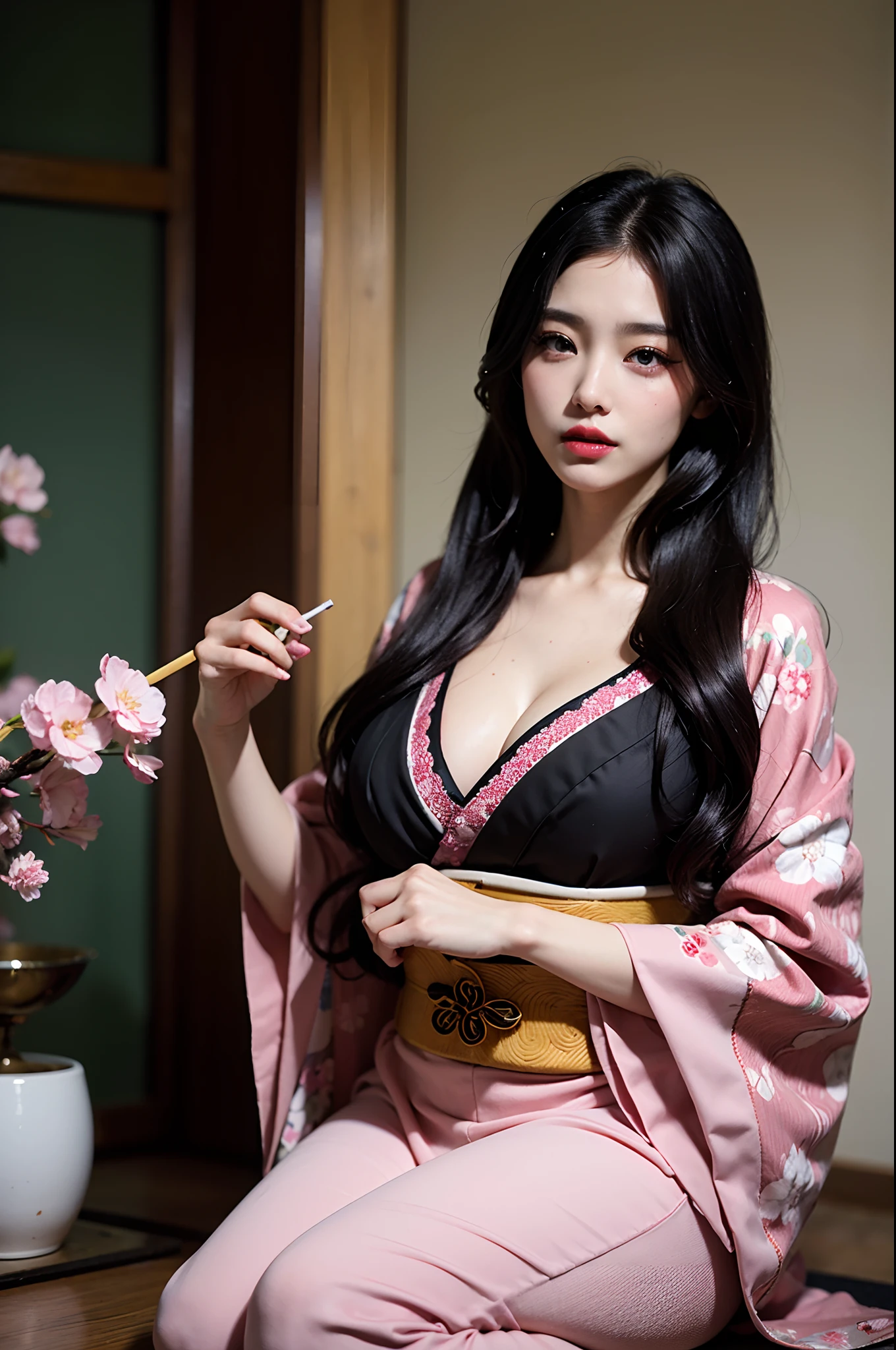 (Top image quality、8k、masuter piece:1.3))、(Realistic:1.2)、(1girl in)、20yr old、huge tit、(geisha hair:1.2)、(night cherry blossom:1.2)、cigarettes、profile、(Deities々Bright gorgeous black and pink kimono:1.2)、(full bodyesbian:1.2)、long kimono、(Oiran:1.3)、Delicat eyes、二重まぶた、(Very dark eyeliner)、red-lips、Soft breasts