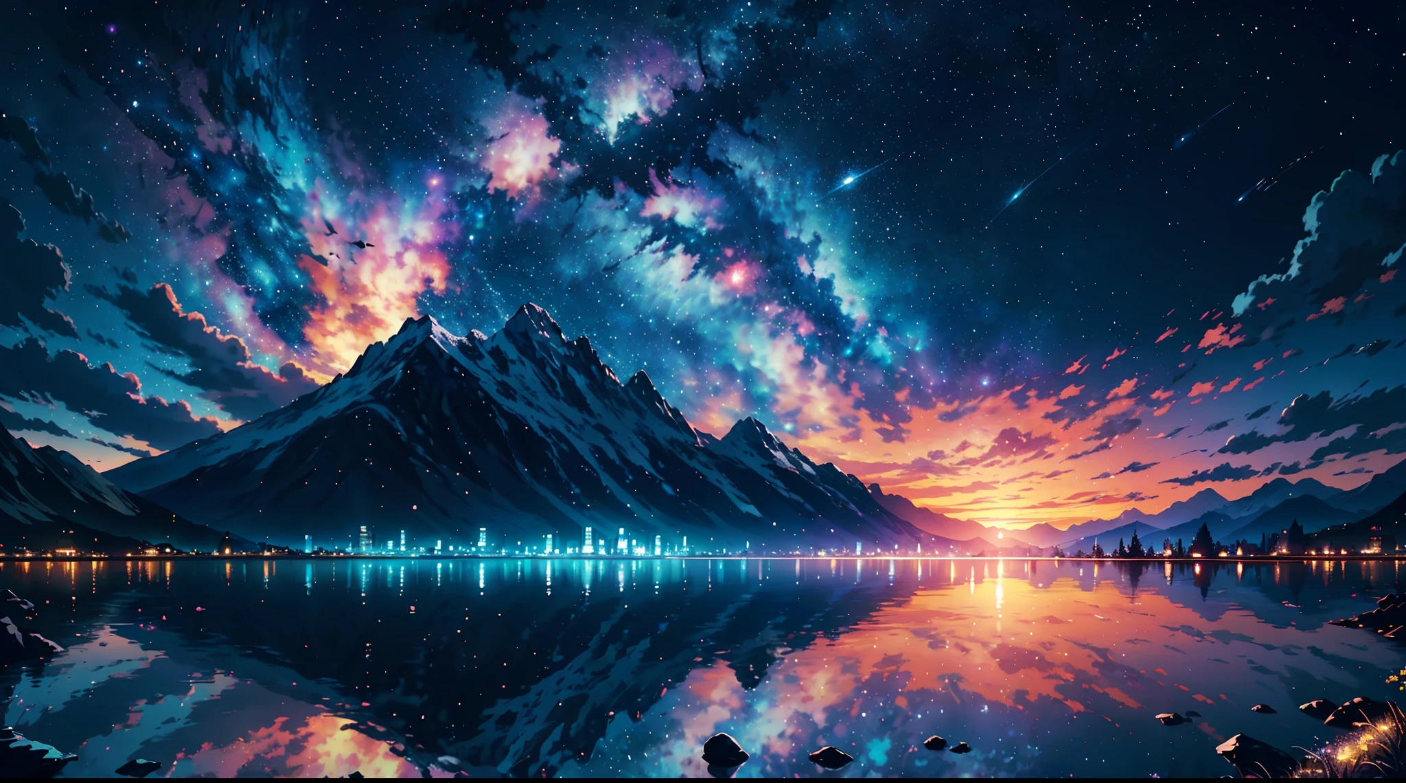 Starry sky with lakes and mountains in the foreground, background artwork, Amazing wallpapers, Beautiful art UHD 4 K, 4k highly detailed digital art, Atmospheric fantasy sky, sitting on the cosmic cloudscape, 4 k hd illustrative wallpaper, Wallpaper 4k, wallpaper 4 k, arte de fundo, anime backgrounds, Magnificent background, Anime art wallpaper 4k
