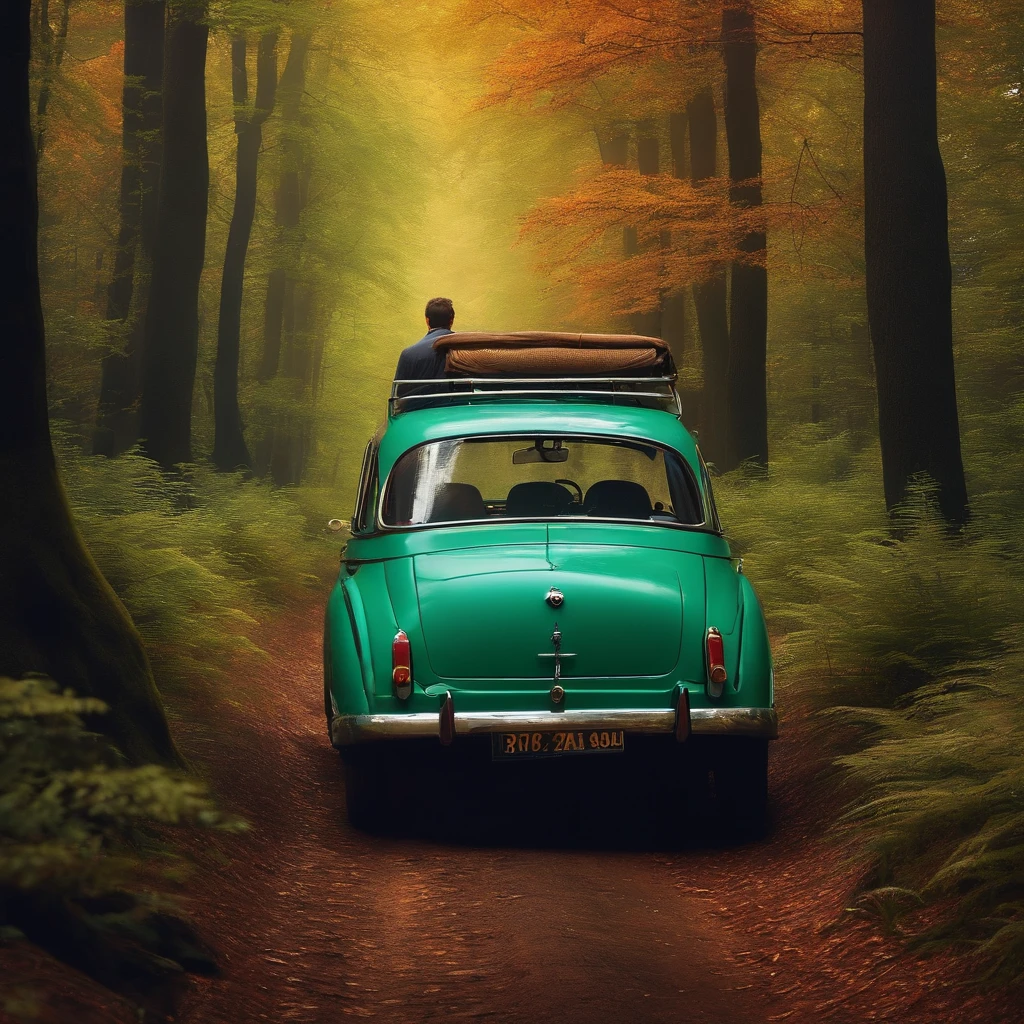 man travelling a car in a fear forest