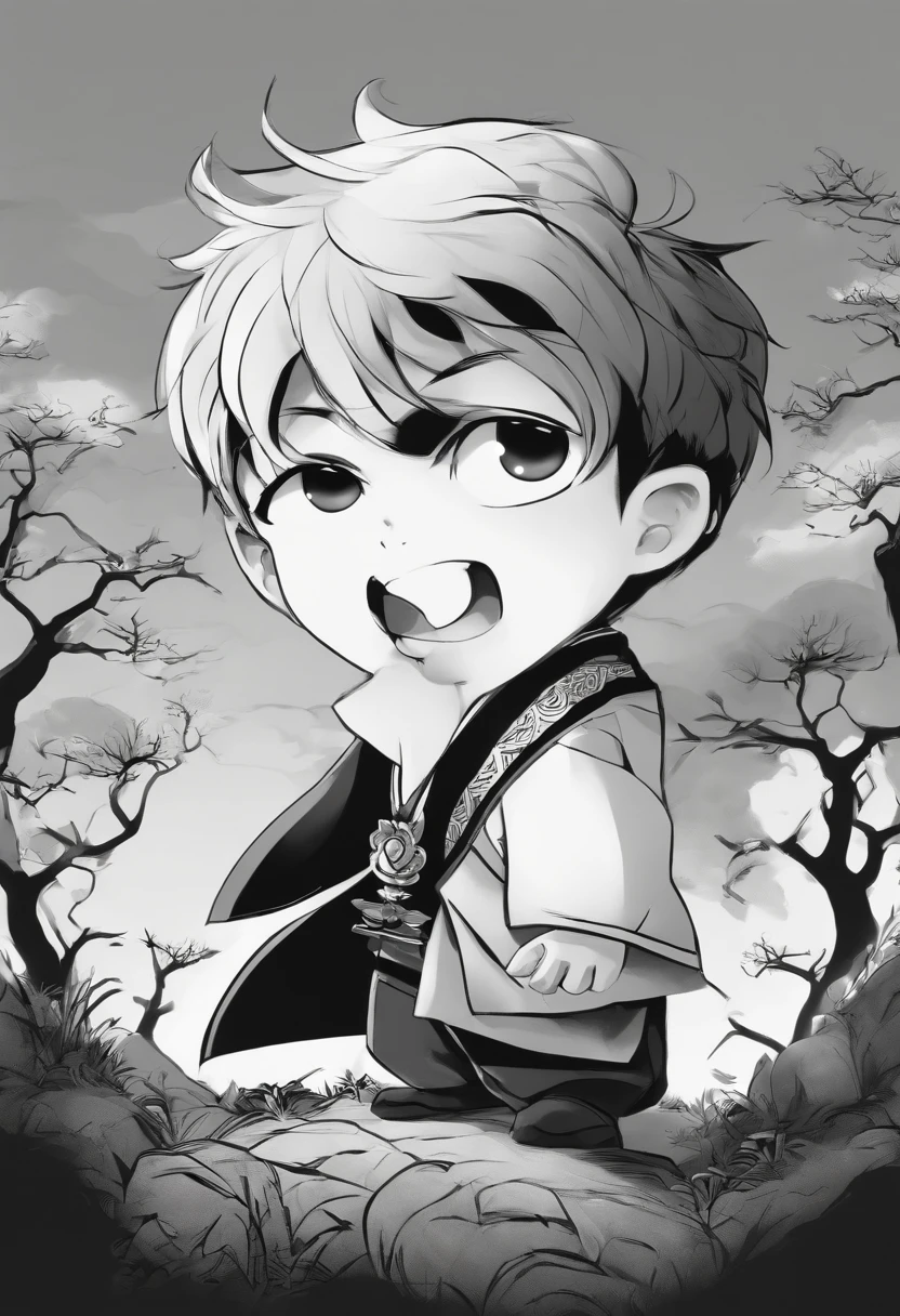 Japanese male chibi with astonished face, expression of surprise and fear, Imagem em preto e branco, monocromatic,