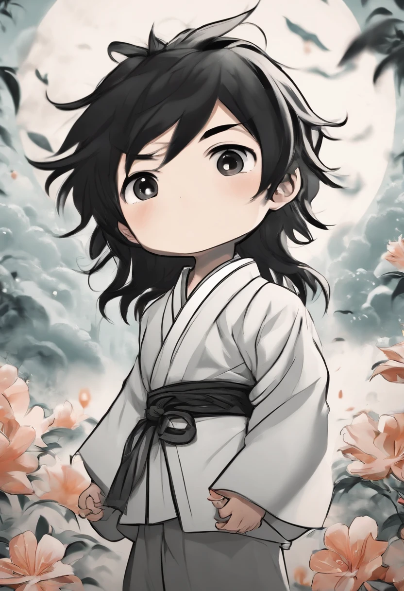 Japanese male chibi with astonished face, expression of surprise and fear, Imagem em preto e branco, monocromatic,