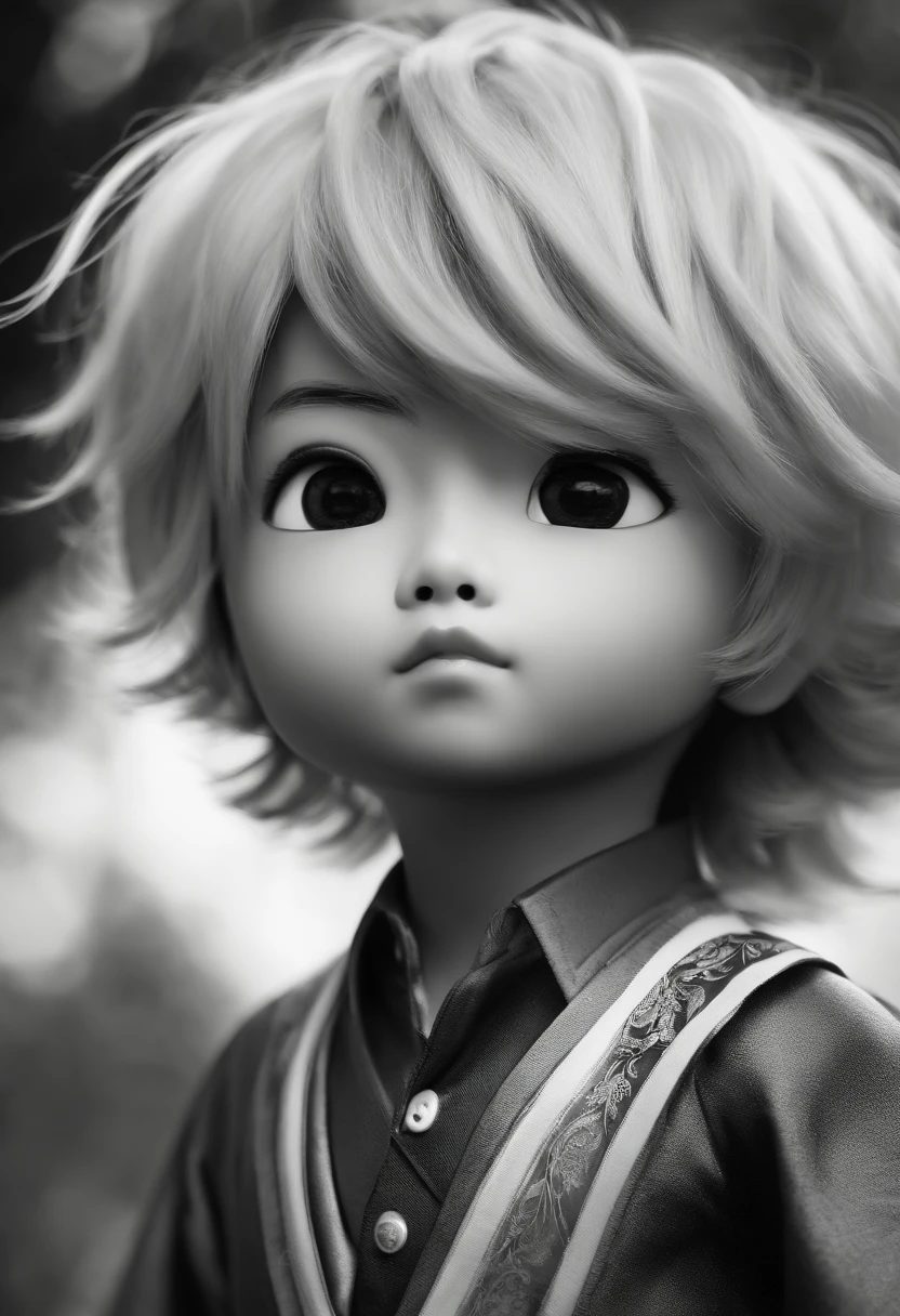 Japanese male chibi with astonished face, expression of surprise and fear, Imagem em preto e branco, monocromatic,