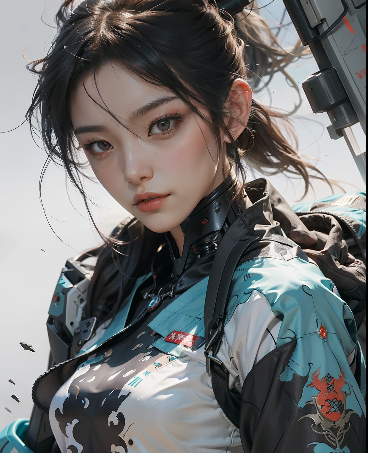 wuxia,1female,robot cyborg mech fighter,wmma, wearing sports bra fingerless gloves, martial arts,fcPortrait,(extreme detailed),illustration