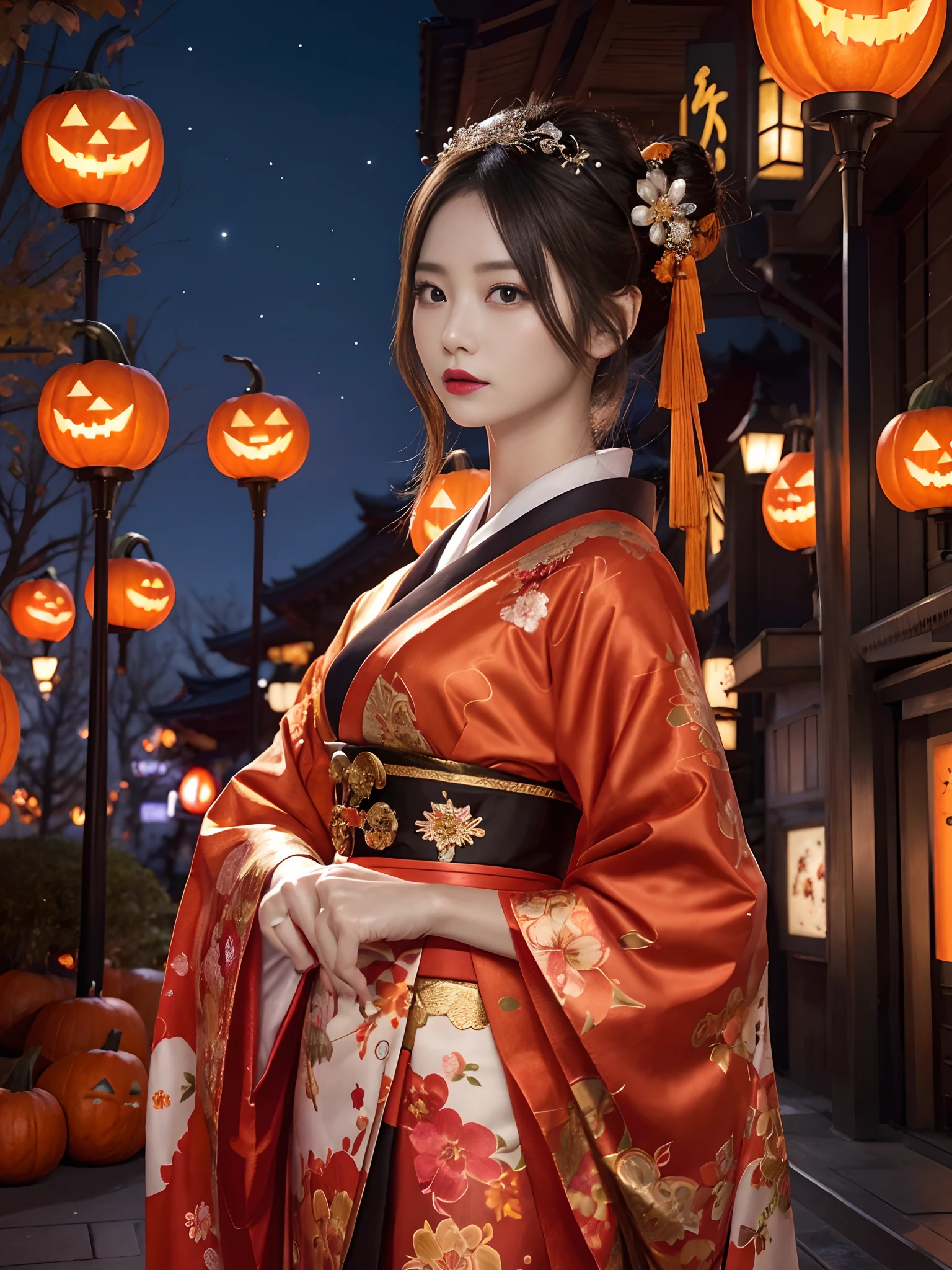 In a futuristic scene, Geisha in Japan with mechanical reinforcement、Elegant in elaborate gardens. She has beautifully detailed eyes and lips that complement her face. Geishas wear traditional kimonos with intricate patterns and designs. Night city and Halloween decorations around her. The scene is painted with a blend of illustration and photorealism, Ultra-detailed brush strokes and clarity, Vivid colors. Lighting emphasizes the elegant features of the geisha, Gives her porcelain skin a soft glow. Artwork is of the highest quality, 4K or 8K resolution, Showcase the intricate details of geisha attire, nightcity、Halloween. The overall color scheme is、It is a combination of traditional shades of Japan, Crimson, etc., blacks, and subtle gold accents, With a futuristic twist. The fusion of ancient traditions and modern technology is、Create captivating and visually striking masterpieces.Halloween、Halloween、pumpkins、Background Halloween