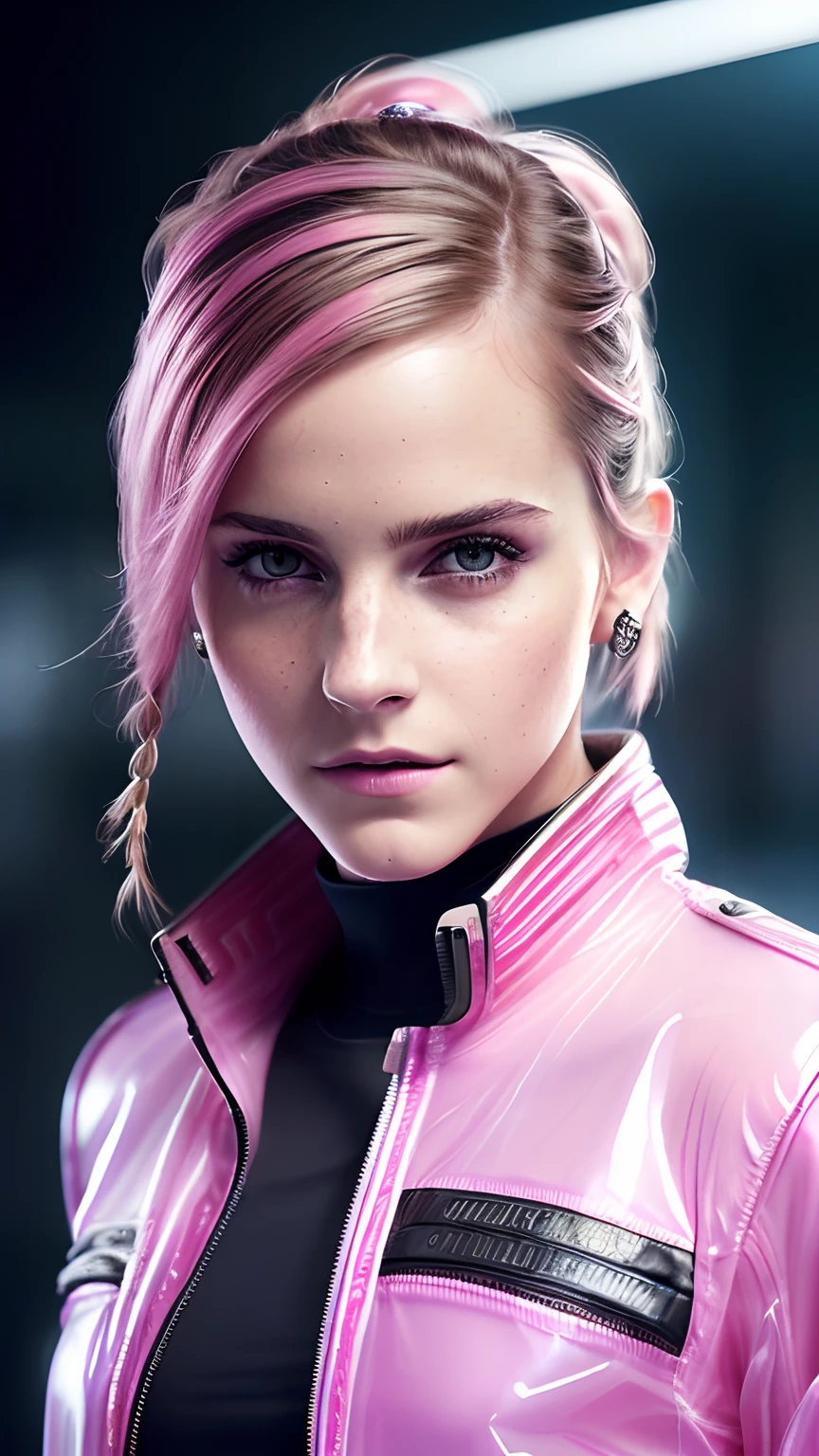 Emma Watson (RAW, analog, Nikon Z 14mm ultra-wide-angle lens, award-winning glamour photography, ((best quality)), ((masterpiece)), ((realistic)), skin pores, subsurface scattering, radiant light rays, high-resolution, detailed facial features, high detail, sharp focus, smooth, aesthetic, extremely detailed, (extremely detailed eyes, extremely detailed iris), extremely detailed hair, extremely detailed leather, extremely detailed clothing, octane rendering, photorealistic, realistic, post-processing, maximum detail, realistic shadows, roughness, natural skin texture, real life, ultra-realistic, photorealism, photography, 8k UHD, photography, hdr, intricate, elegant, high detail, sharp focus, stunning, beautiful, gorgeous), realistic, masterpiece, highest quality, 1 girl, short hair, pigtails, naked torso, (pink hair), (frame of light), huge breasts, ((cyberpunk clothing, futuristic, transparent PVC jacket, cyberpunk setting, cinematic, in store: 1.1)), ((look at the viewer)), Complex, High detail, drama, realism, beautiful and detailed lighting, shadows, (high skin detail: 1.2), 8k UHD, DSLR, soft lighting, high quality, film grain, Fujifilm XT3, upper body, backpack, smirk, earring, 8k, hr, hdr, photorealistic, sharp focus, Jean Paul Gaultier and Jules Bastien-Lepage, Stella McCartney and Mark Keatley