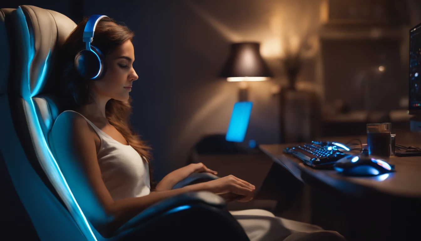 Gamer girl sleeping in chair facing camera, retrato, good ilumination, no quarto na cadeira gamer com fones de ouvido de gata, orelha de gato, with your hand on keyboard and mouse, bonita, realista, 4k, perfeita.
