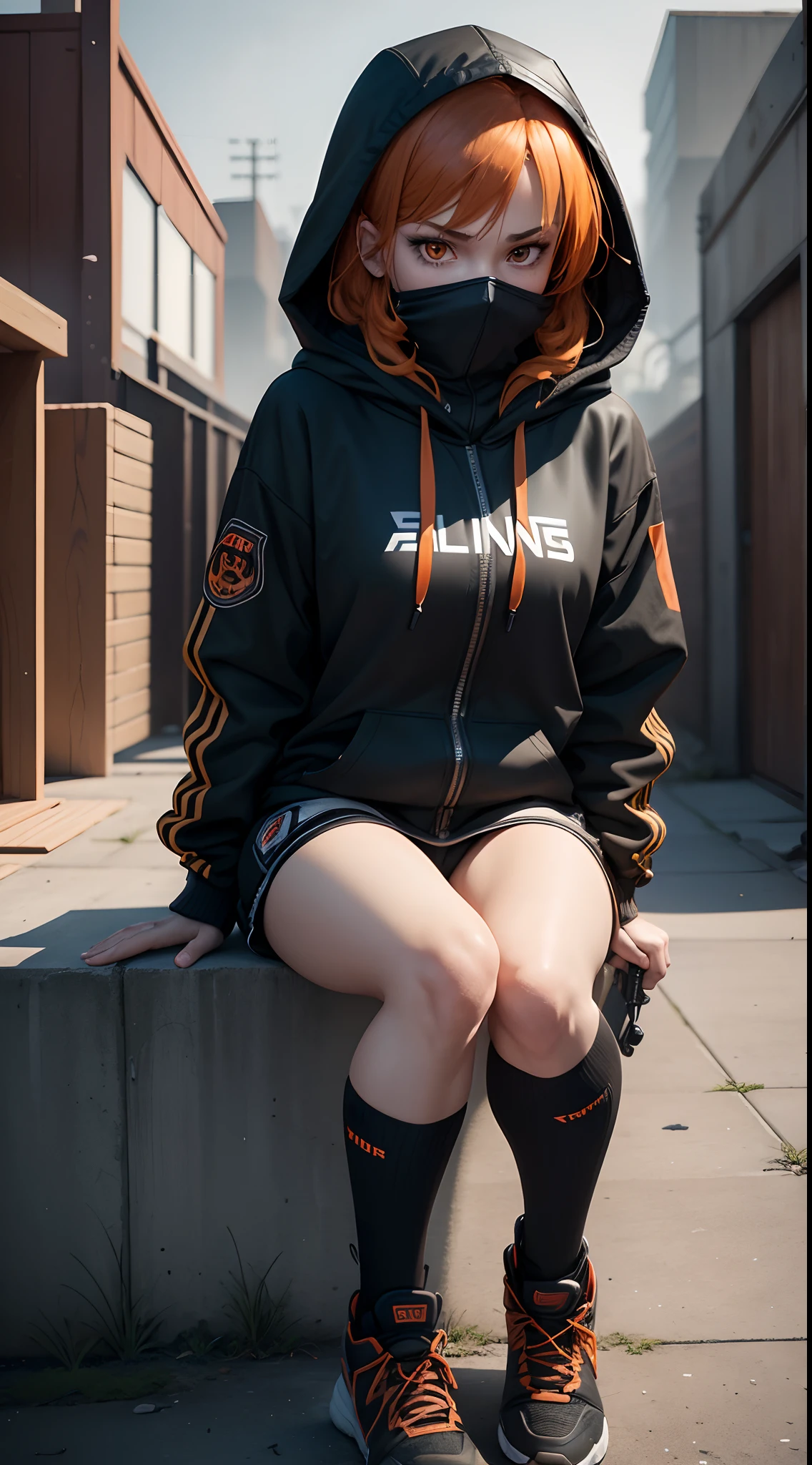 1 female 20 years old, medium orange hair, orange eyes, angry eyes, determined eyes, sharp eyes, wearing black hooded jacket, put on hood, hood up, cover her face with a hood, hide face, wearing jean shorts, wearing black shoes, hand holding hunting knife, raise the knife forward, prepare for assassination, prepare to attack, from the front, full body, full character, slipped down, prepare to run, free running, lower your back, slightly lower the body, sit down, left hand resting on the floor, late afternoon, rooftop, action movie, extremely detailed, best graphics, 8k, ultrasharp, masterpiece