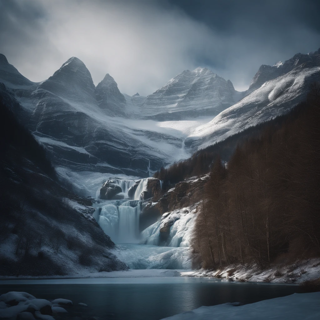 large snow-capped mountains, frozen waterfall, realistic photo