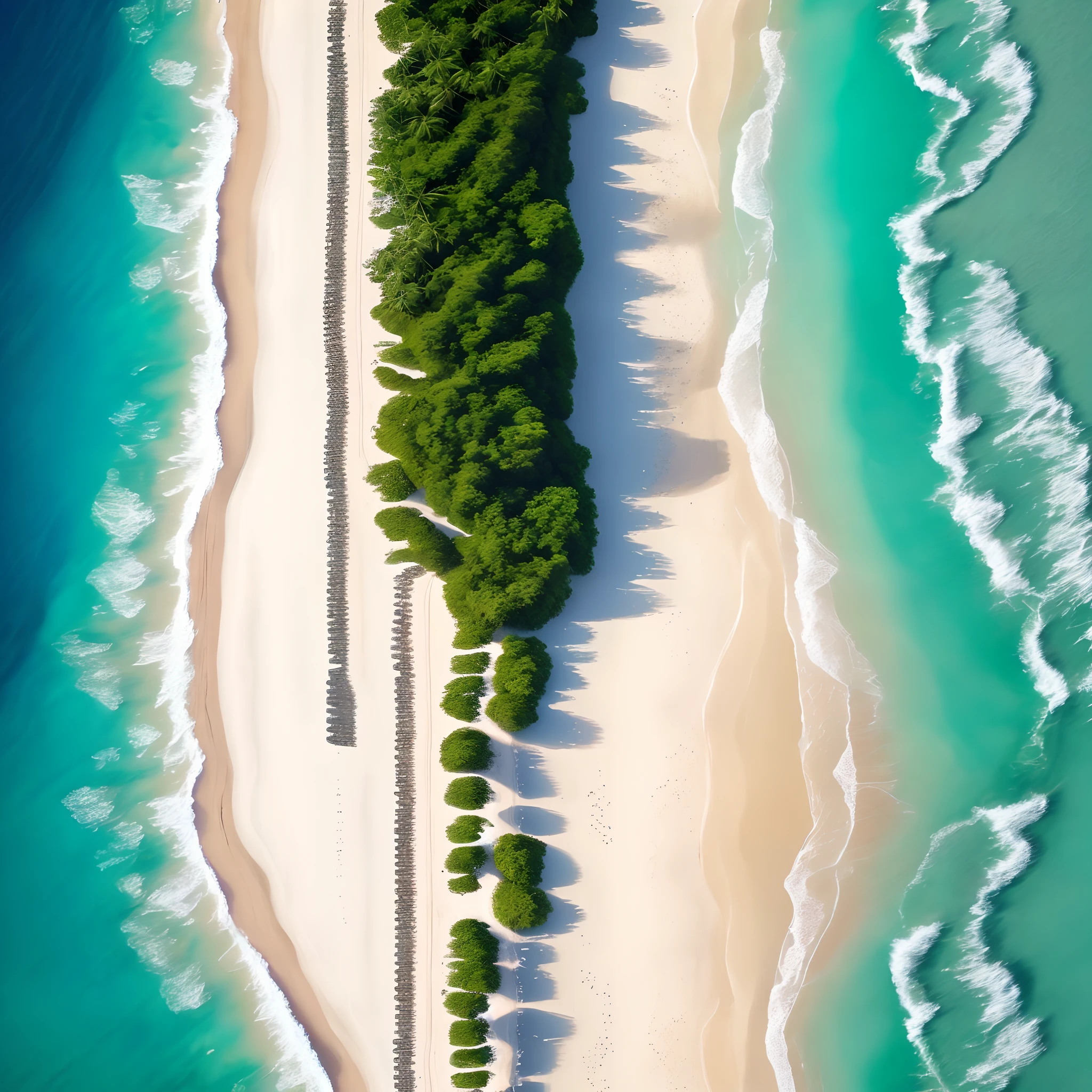 Create an image of maldives beach with white sand with green and blue water.