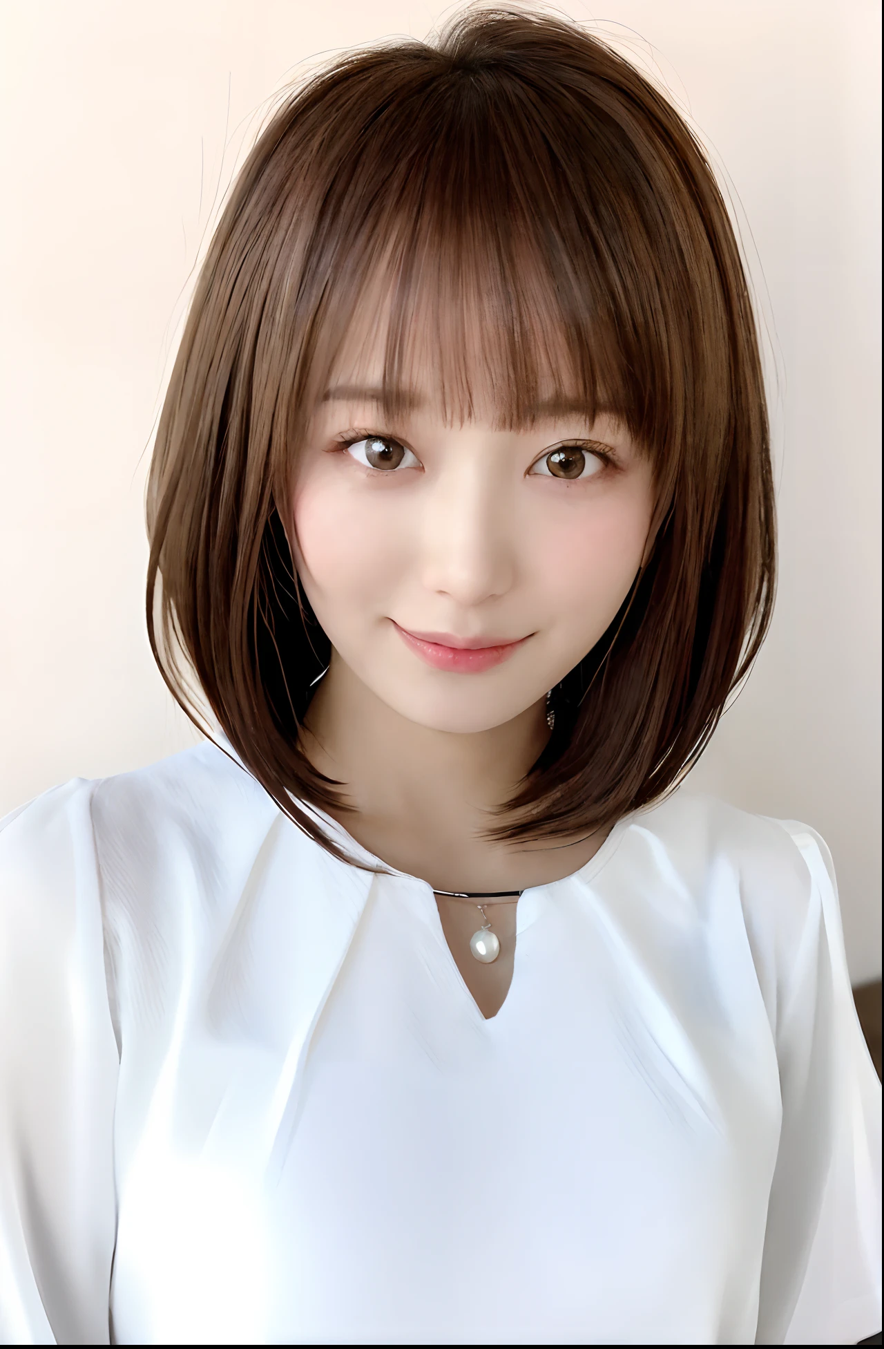 arafed asian woman with a white shirt and brown hair,奈良美智, chiho, girl cute-fine-face, white hime cut hairstyle, sakimichan, cute - fine - face, cute natural anime face, neat hair with bangs, hime-cut, Shiori Teshirogi