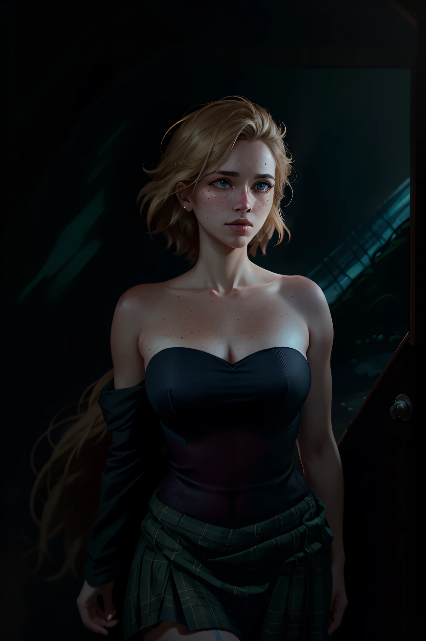 deep shadow, sinister, award winning photo, best quality, masterpiece, upper body, woman, freckled face, windblown blonde hair, emerald eyes, modern strapless dress by Jeremy Lipking, by Antonio J. Manzanedo, by lee jeffries nikon d850 film stock photograph 4 kodak portra 400 camera f1.6 lens rich colors hyper realistic lifelike texture dramatic lighting unreal engine trending on artstation cinestill 800, fisheye lens, Style-Kilt, windy beach, scottish loch, forest