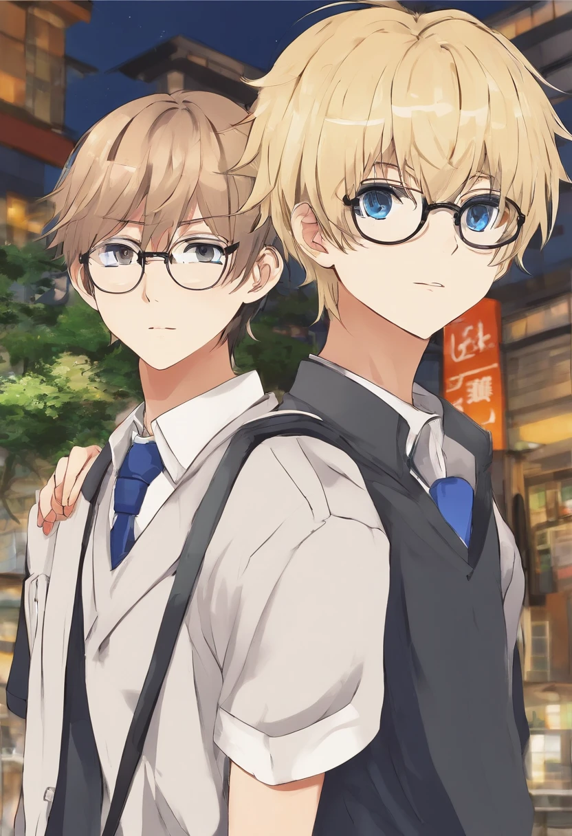 Two high school boys standing and having a conversation。It looks like a Showa shonen manga。japanese hight school uniform、I'm wearing a school run。One had dyed blonde hair.、I don't wear glasses。The other has black hair.、I'm a nerd with glasses。Both are Japan people。The blonde boy doesn't wear glasses。It is naked eye。Has a fluffy hairstyle