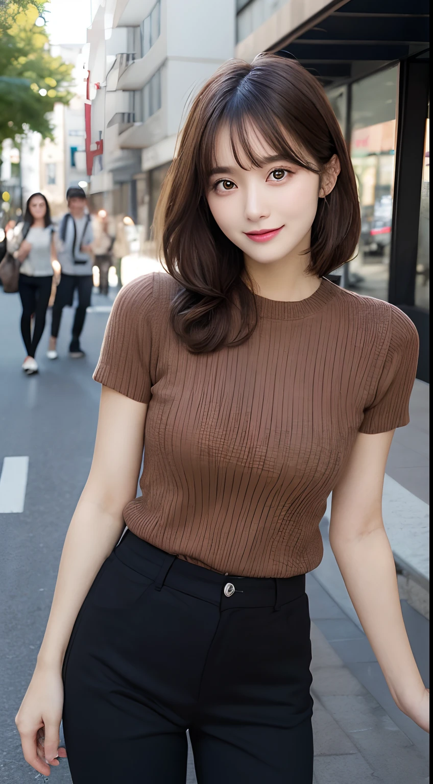 masterpiece, Best Quality, Illustration, Ultra-detailed, finely detail, hight resolution, 8K Wallpaper, Perfect dynamic composition, Beautiful detailed eyes, doress,short Hair, bcb cut,brown hair,Natural Color Lip, Random and sexy poses,Smile,Aoyama Street Walk20 years girl,brown knit shirt,short sleeves,black pants