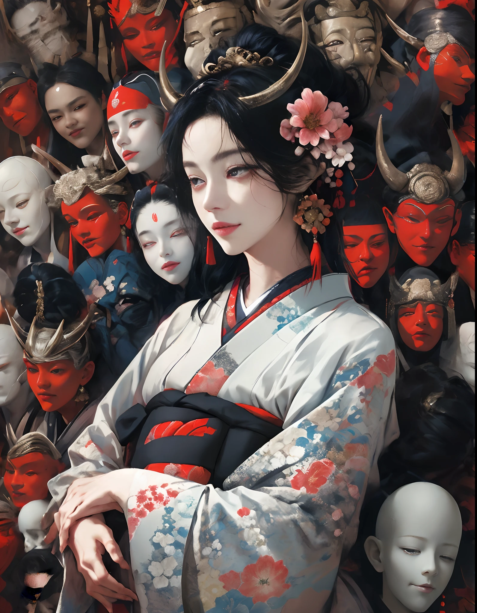(masterpiece:1.2), best quality,PIXIV,
black hair, japanese clothes, floral print, 1girl, hair ornament, horns, sitting, looking at viewer, flower, kimono, blue eyes, hair flower, earrings, long hair, haori, jewelry, own hands together, tassel, wide sleeves, red eyes, closed mouth, long sleeves, print kimono, black kimono, hakama, bangs, smile