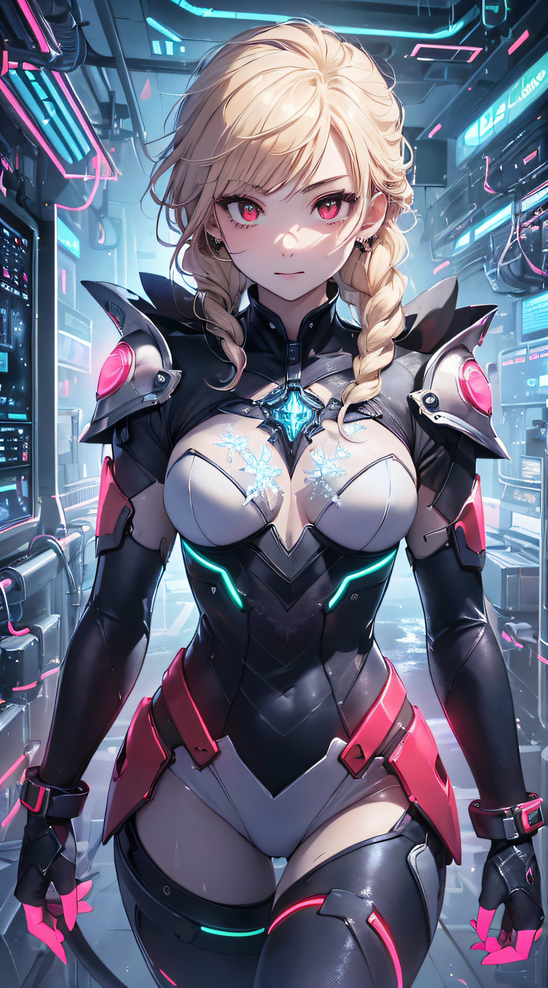 top-quality、Top image quality、​masterpiece、Android Girl((18year old、Red, Black and blue glowing cybersuit、Best Bust、Bust 90、Blonde Away Tail、Red Eyes、open chest wide、Valley、Happiness、A slender、deadpan、Stand at the front、Countless cables)）hiquality、Beautiful Art、Background with((research complex、Cooling system、Frozen capsules、Neon color、Cyberworld))、masutepiece、Elaborate design、visualart、