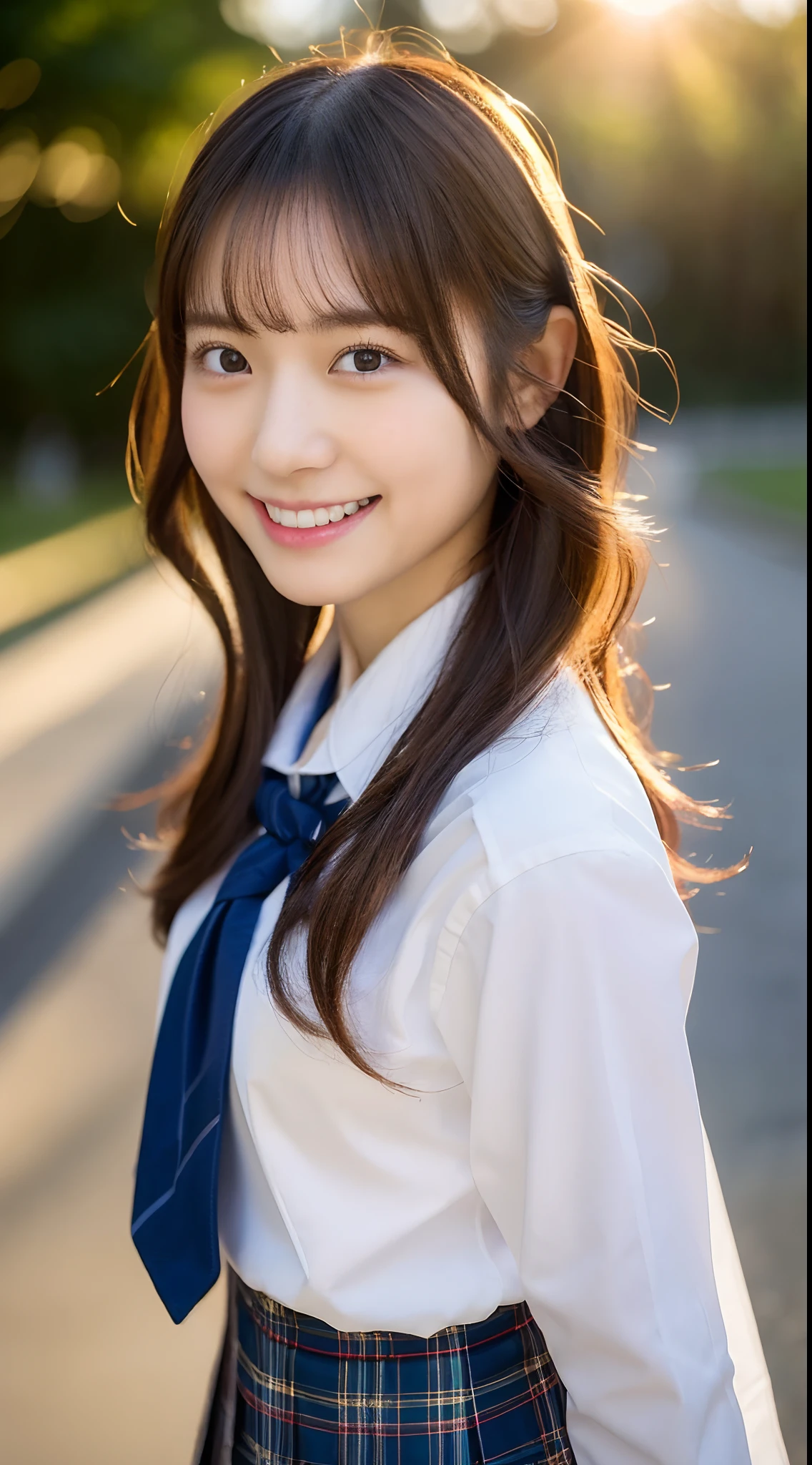 (Best quality, 8k, 32k, Masterpiece, UHD:1.2),hyper detail hair,Photo of Pretty Japanese girl,1girl,18yo,japanese girl,(young:1.5),school uniform,white shirt,bow tie, (looking back:1.2), evening, sunburst, ((smile:1.2)),