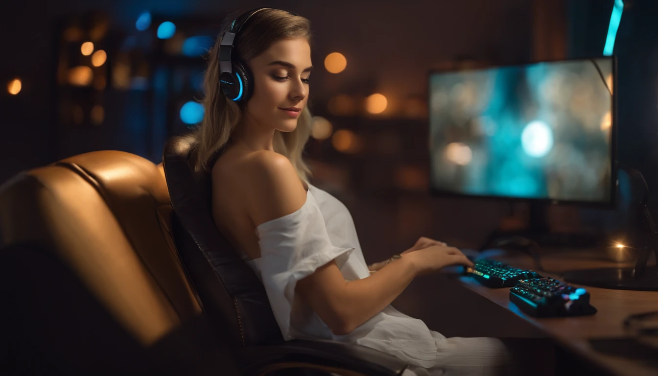 Gamer girl sleeping in chair facing camera, retrato, foto de frente, front girl, good ilumination, no quarto na cadeira gamer com fones de ouvido de gata, orelha de gato, with your hand on keyboard and mouse, bonita, realista, 4k, perfeita.
