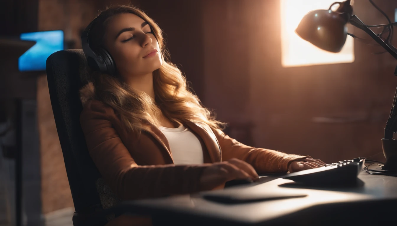 Gamer girl sleeping in chair facing camera, retrato, foto de frente, front girl, good ilumination, no quarto na cadeira gamer com fones de ouvido de gata, orelha de gato, with your hand on keyboard and mouse, bonita, realista, 4k, perfeita.