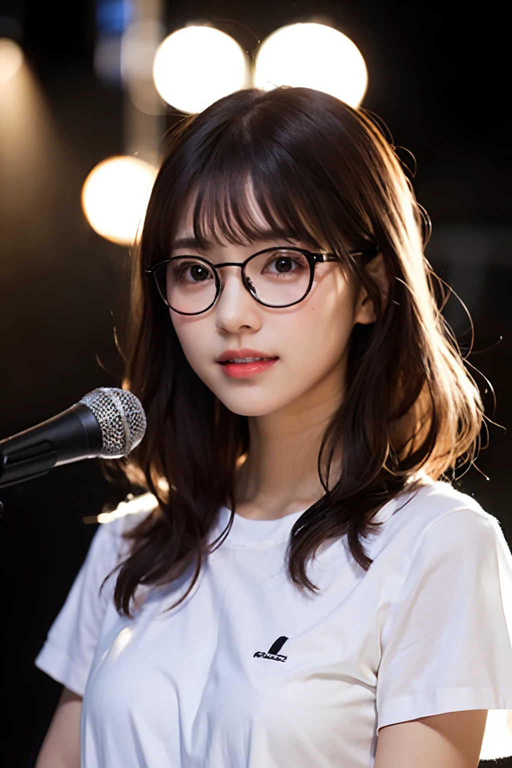 (8K、Raw photography、top-quality、masterpiece:1.2)、(realisitic、Photorealsitic:1.37)、ultra-detailliert、超A high resolution、1人、see the beholder、beautifull detailed face、A smile with a little visible teeth、Constriction、(Slim waist) :1.3)、white t-shirts、Beautiful detailed skin、Skin Texture、Floating hair、((fluffy hairstyle))、well-shaped breasts、Professional Lighting Room、((Black glasses))、Whole human body、Black hair、((Shameful appearance))、Pay attention to your audience、microphone、Light makeup、evening
