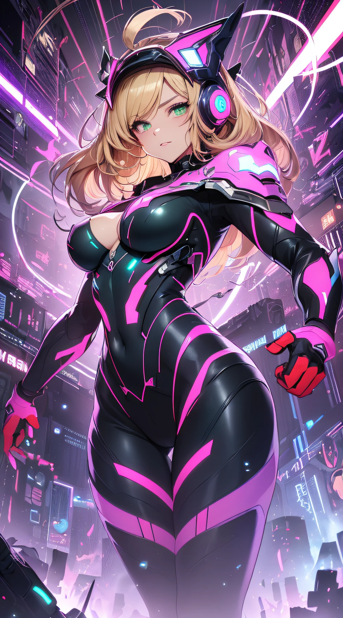 top-quality、Top image quality、​masterpiece、Android Girl((years、Red, Black and blue glowing cybersuit、Blue energy source for the chest,Best Bust、Bust 90、Blonde Away Tail、Blue-green eyes、open chest wide、Valley、Happiness、A slender、Warlike face、Stand at the front、Countless cable connections throughout the body、Particles of light、Sharp claw arm,Dual-arm laser cannon、Bruised body、battleing、Giant Cybersword、Rear Flight Unit)）hiquality、Beautiful Art、Background with((Blue lighting、Green particles、Red Laser Pointer、Purple swirl,Yellow flash、Pink lightning、Cyberfield、luminous sky))、masutepiece、Elaborate design、visualart、Theatrical films