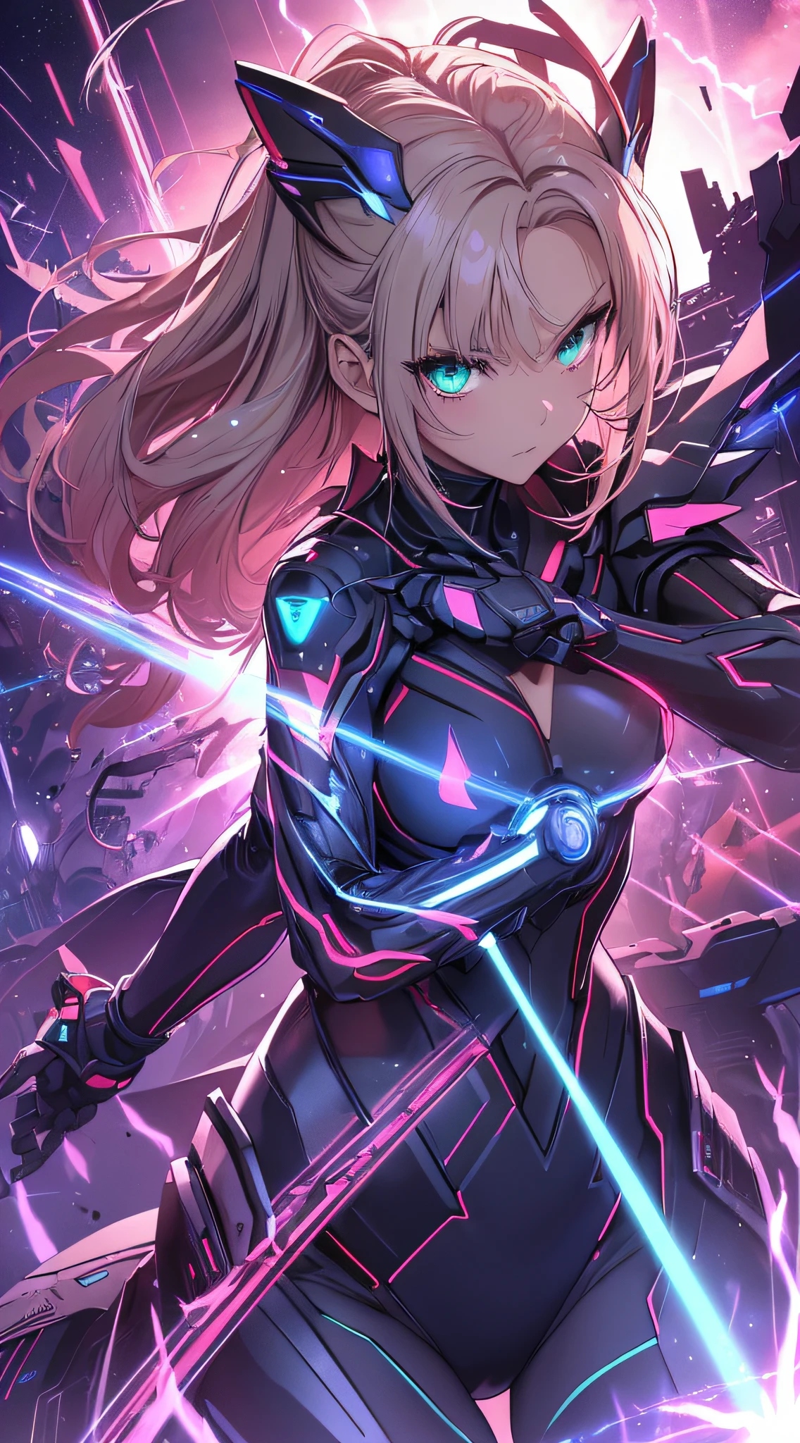 top-quality、Top image quality、masterpiece、Android Girl((14years、Red, Black and blue glowing cybersuit、Blue energy source for the chest,Best Bust、Bust 90、Blonde Away Tail、Blue-green eyes、open chest wide、Valley、Happiness、A slender、Warlike face、Stand at the front、Countless cable connections throughout the body、Particles of light、Sharp claw arm,Dual-arm laser cannon、Bruised body、battleing、Giant Cybersword、Rear Flight Unit))hiquality、Beautiful Art、Background with((Blue lighting、Green particles、Red Laser Pointer、Purple swirl,Yellow flash、Pink lightning、Cyberfield、luminous sky))、masutepiece、Elaborate design、visualart、Theatrical films